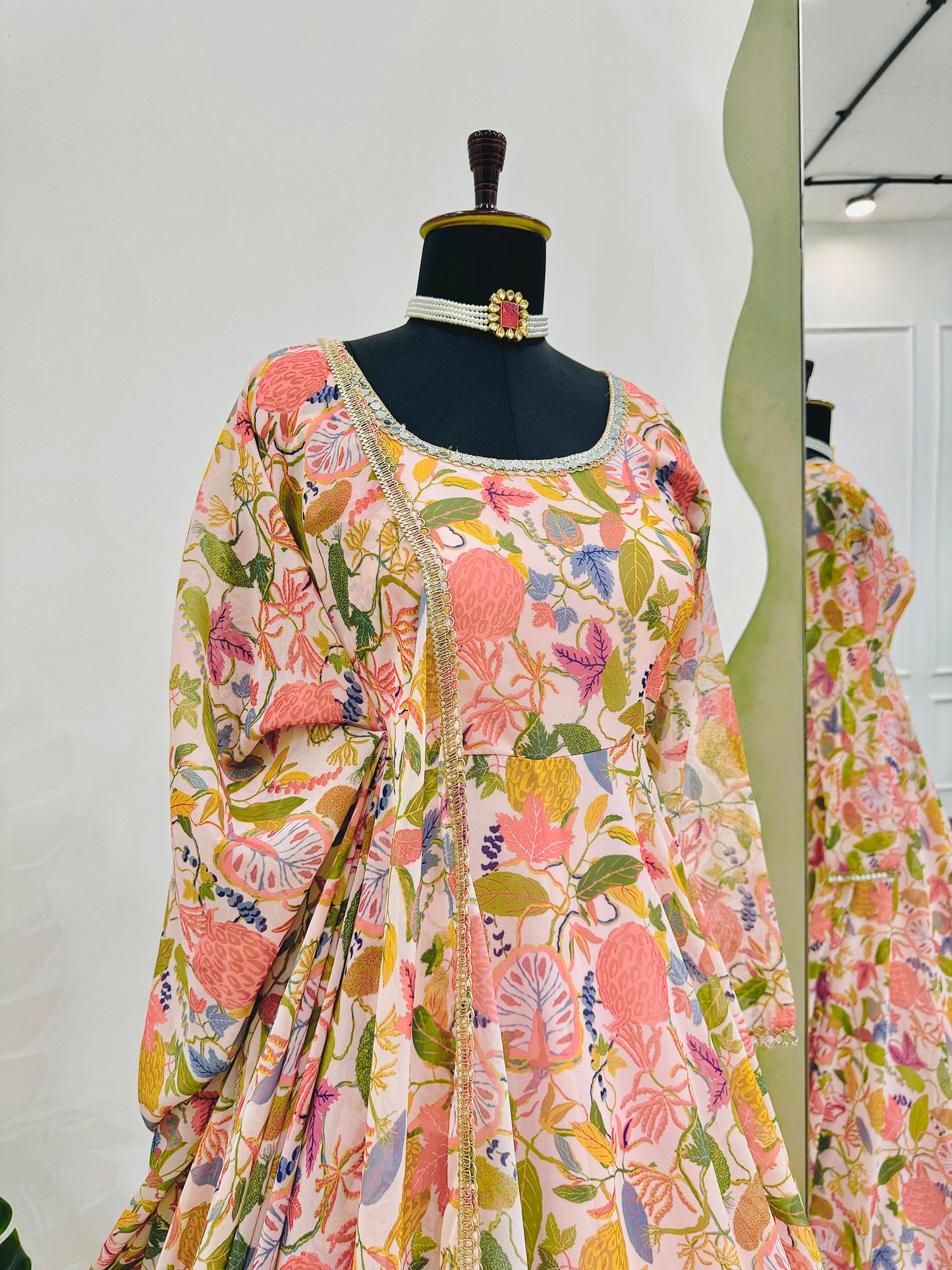 Cream multicolor floral printed stylish designer long anarkali suit