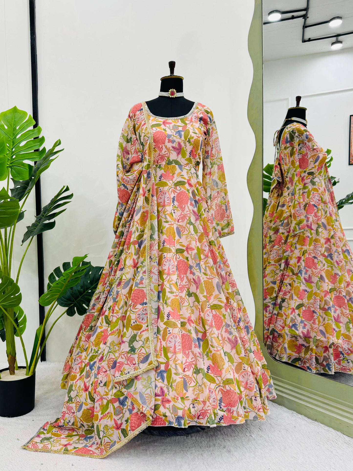 Cream multicolor floral printed stylish designer long anarkali suit