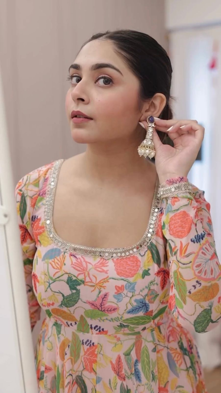Cream multicolor floral printed stylish designer long anarkali suit