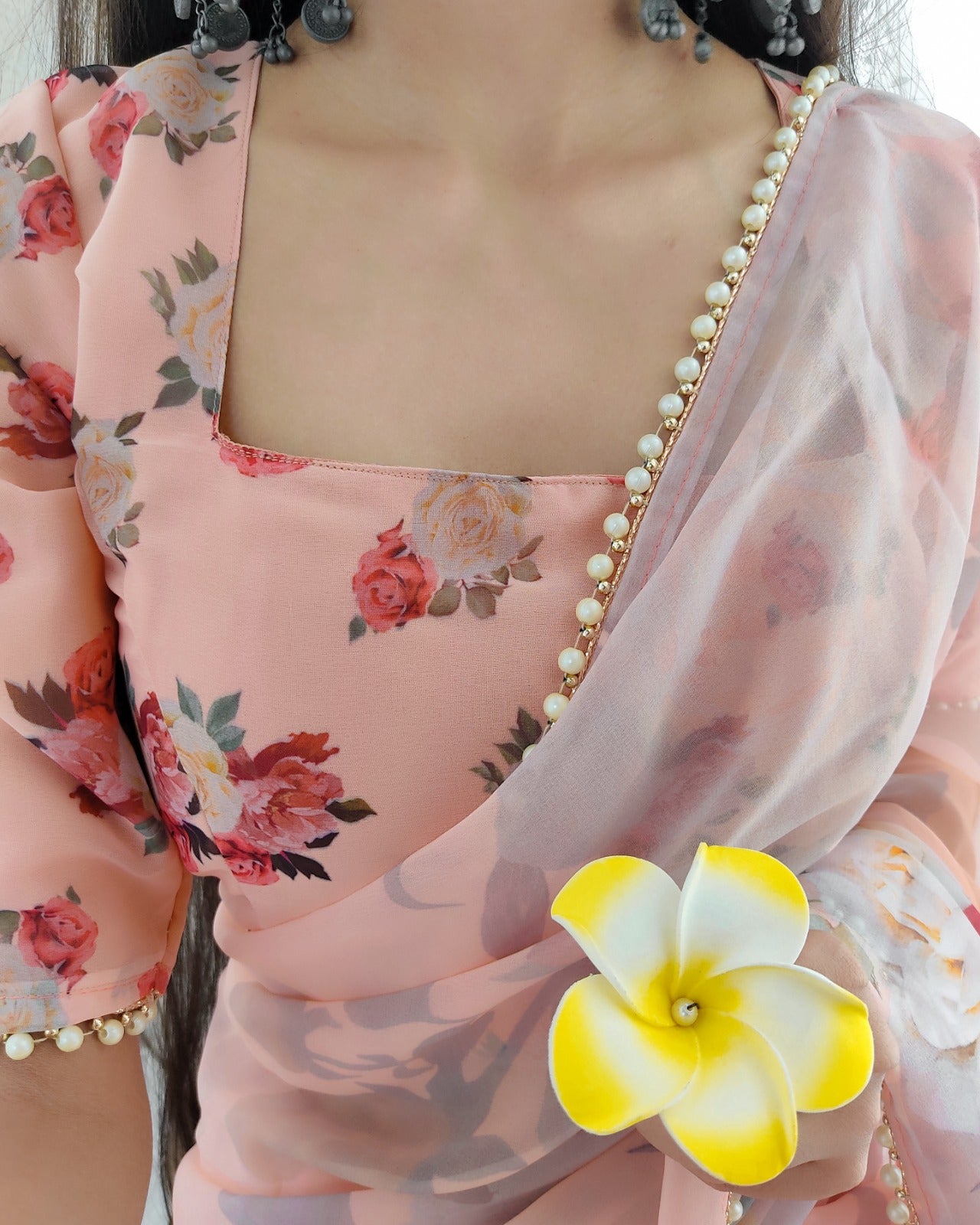 Designer Georgette Floral Printed Moti Lace Saree