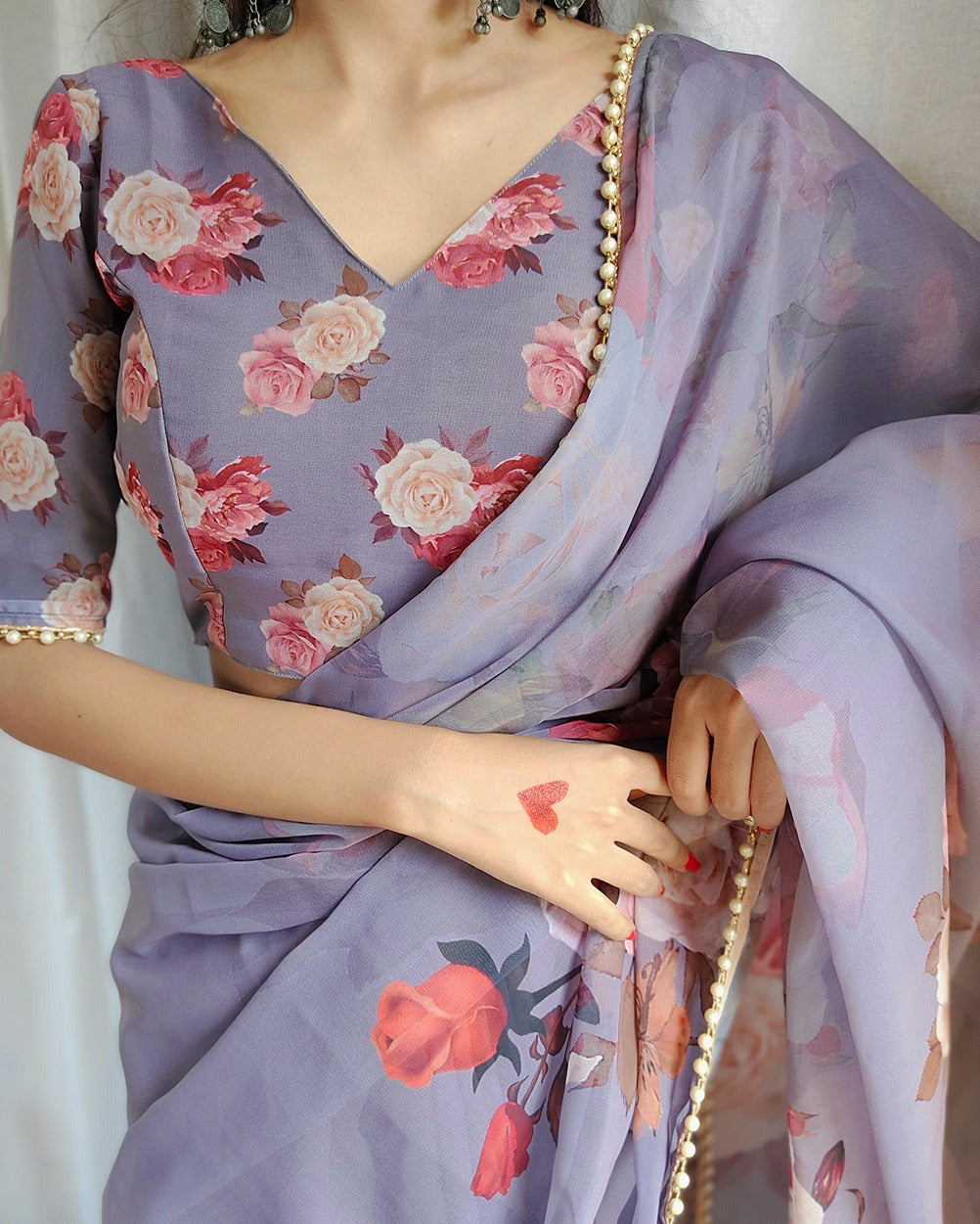 Designer Georgette Floral Printed Moti Lace Saree