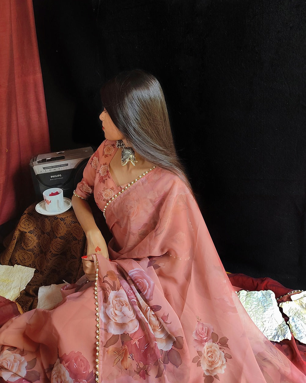 Designer Georgette Floral Printed Moti Lace Saree