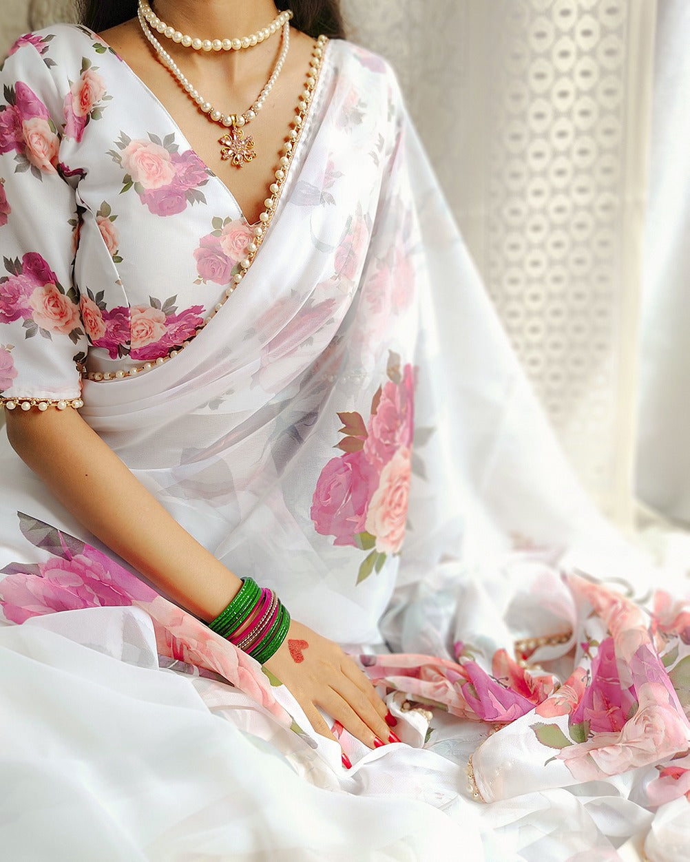 Designer Georgette Floral Printed Moti Lace Saree White Free Size