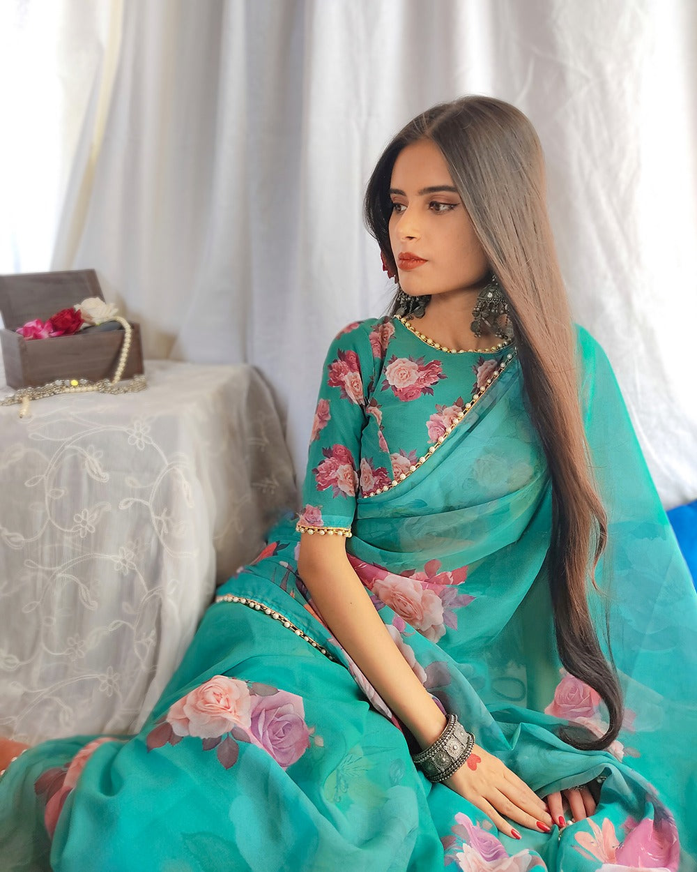 Designer Georgette Floral Printed Moti Lace Saree Green Free Size