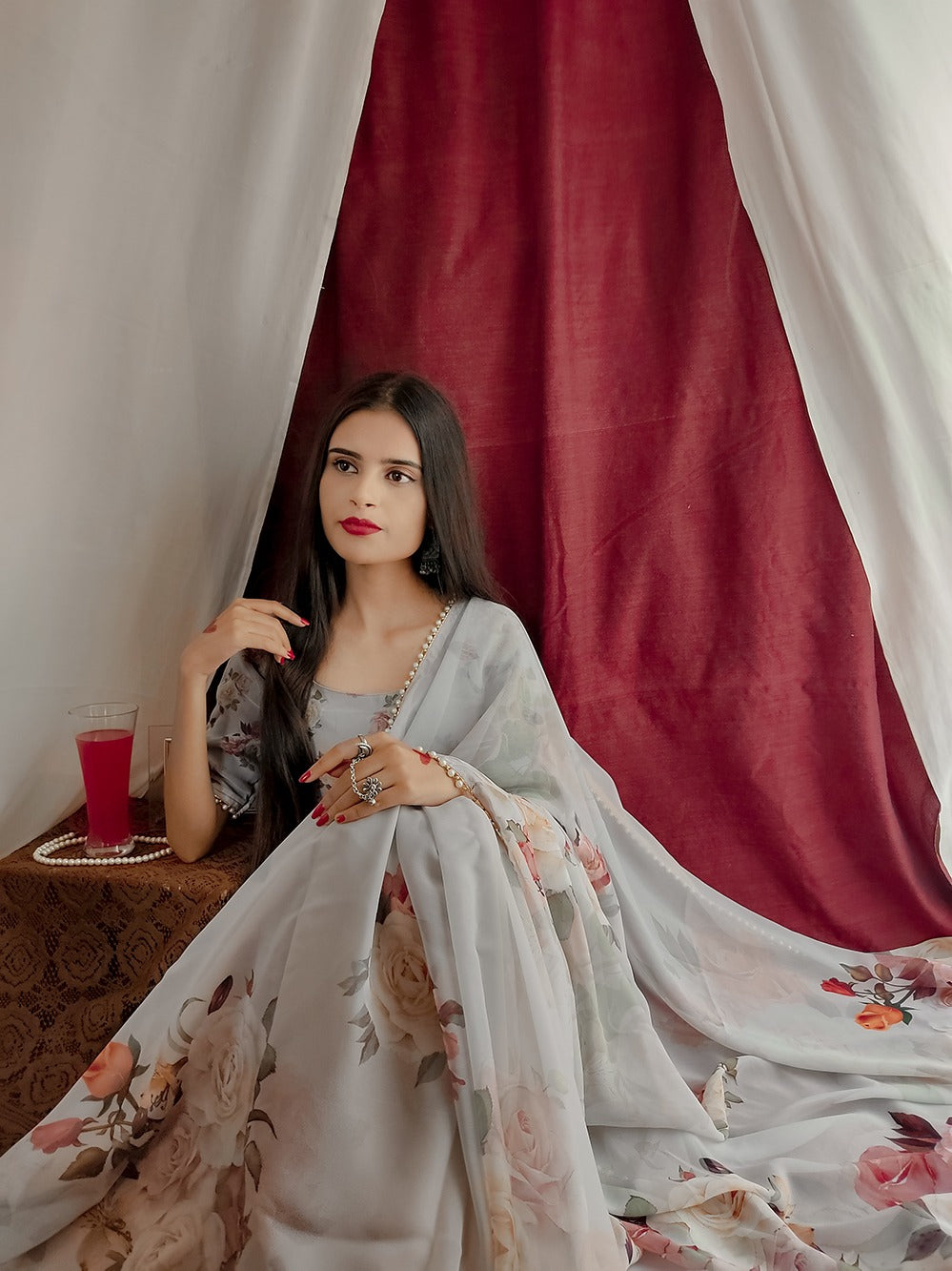 Designer Georgette Floral Printed Moti Lace Saree