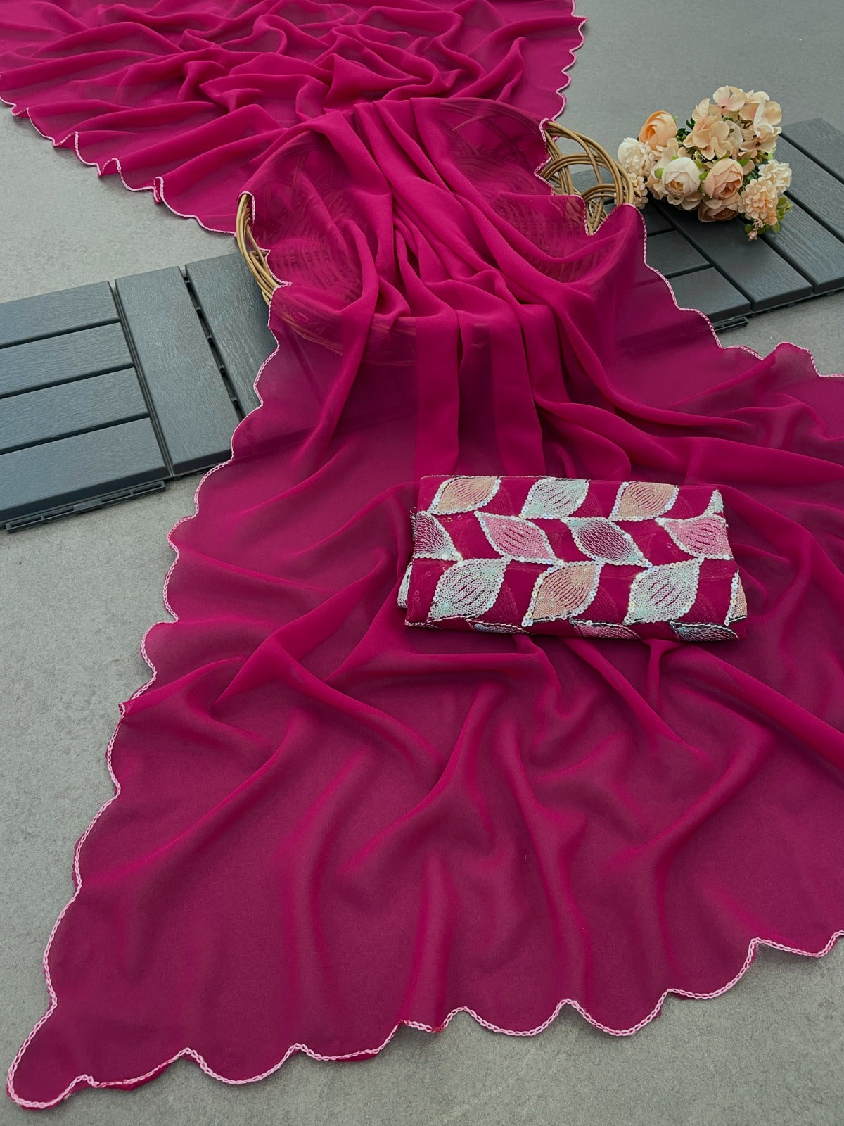 Designer Georgette Light Weight Stylish Saree with Sequins Work Blouse Wine Free Size