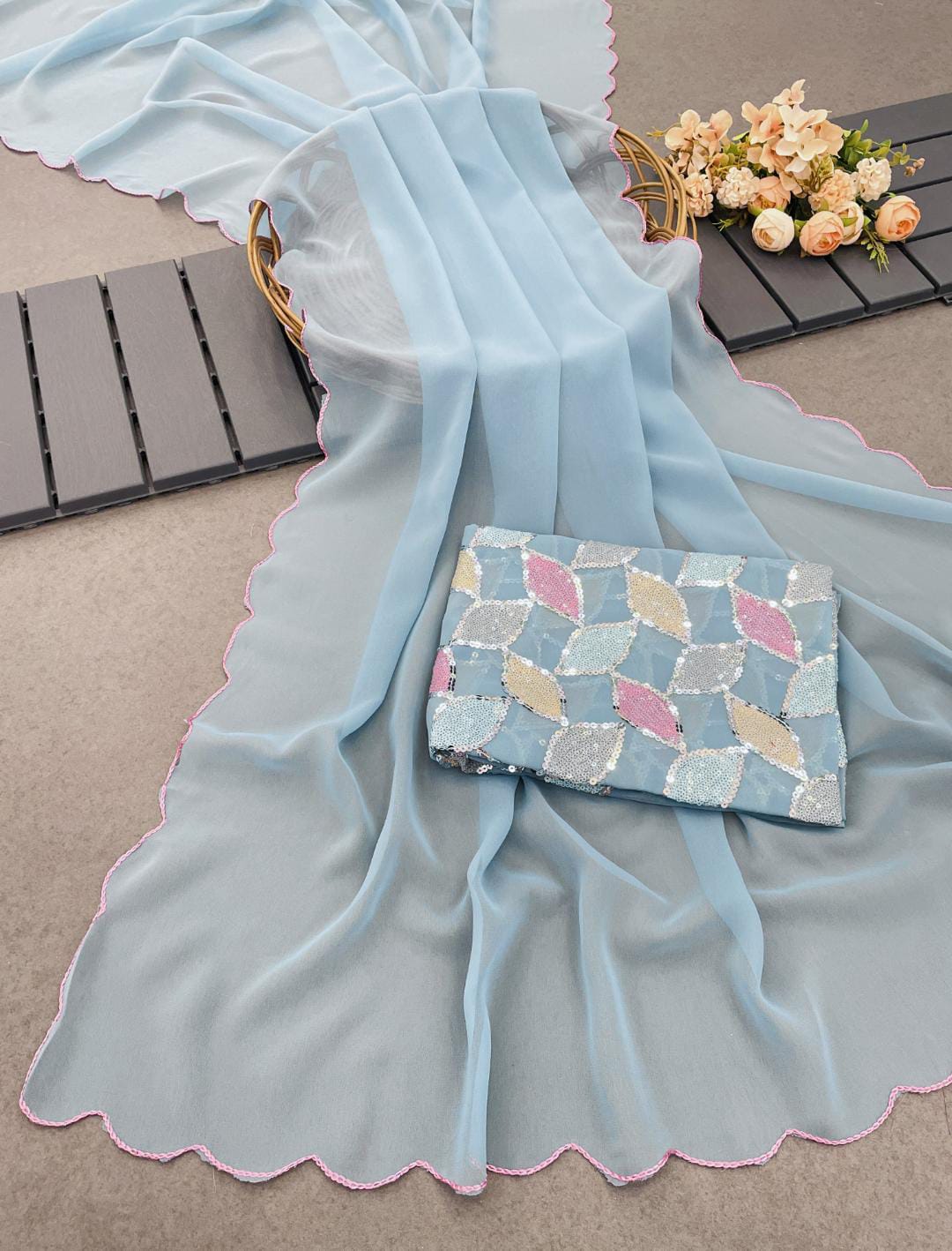 Designer Georgette Light Weight Stylish Saree with Sequins Work Blouse Sky Blue Free Size