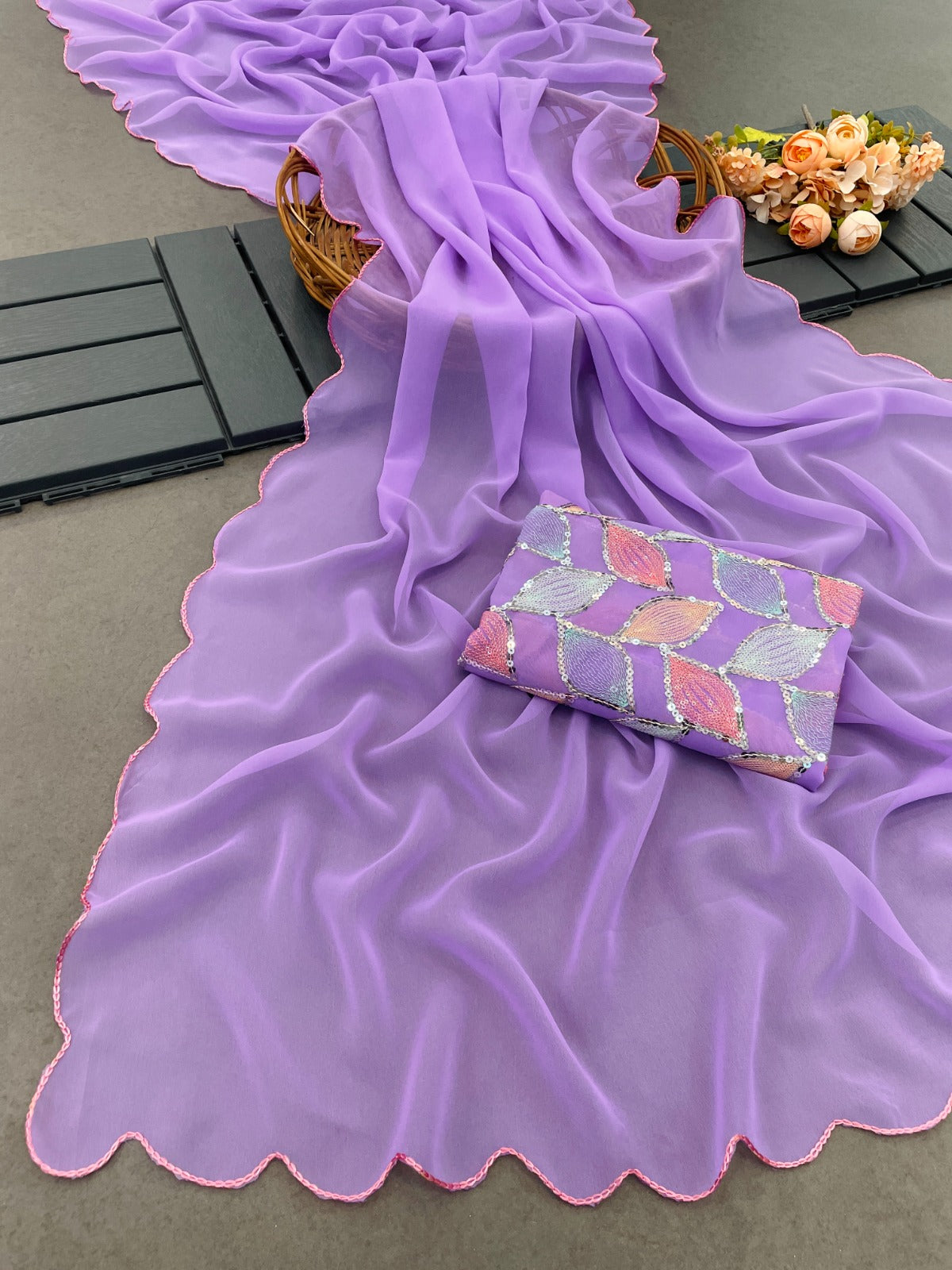 Designer Georgette Light Weight Stylish Saree with Sequins Work Blouse Lavender Free Size