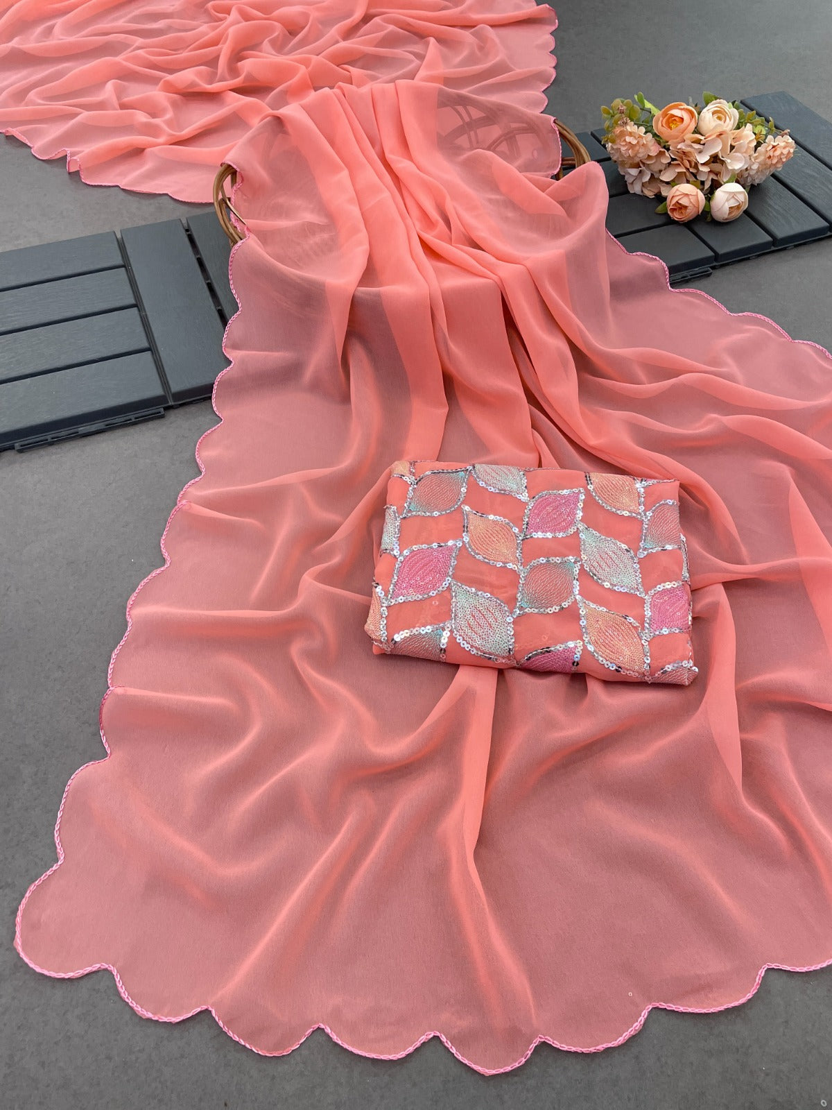 Designer Georgette Light Weight Stylish Saree with Sequins Work Blouse Peach Free Size