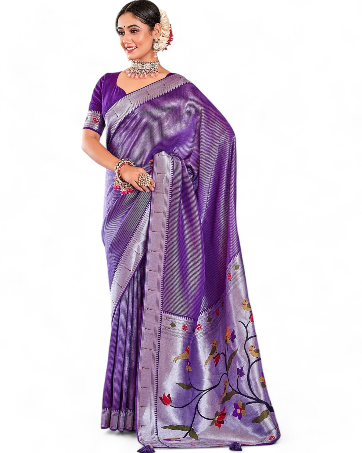 Designer Viscose Paithani Meenakari Weaving Work Wedding Saree Purple Free Size