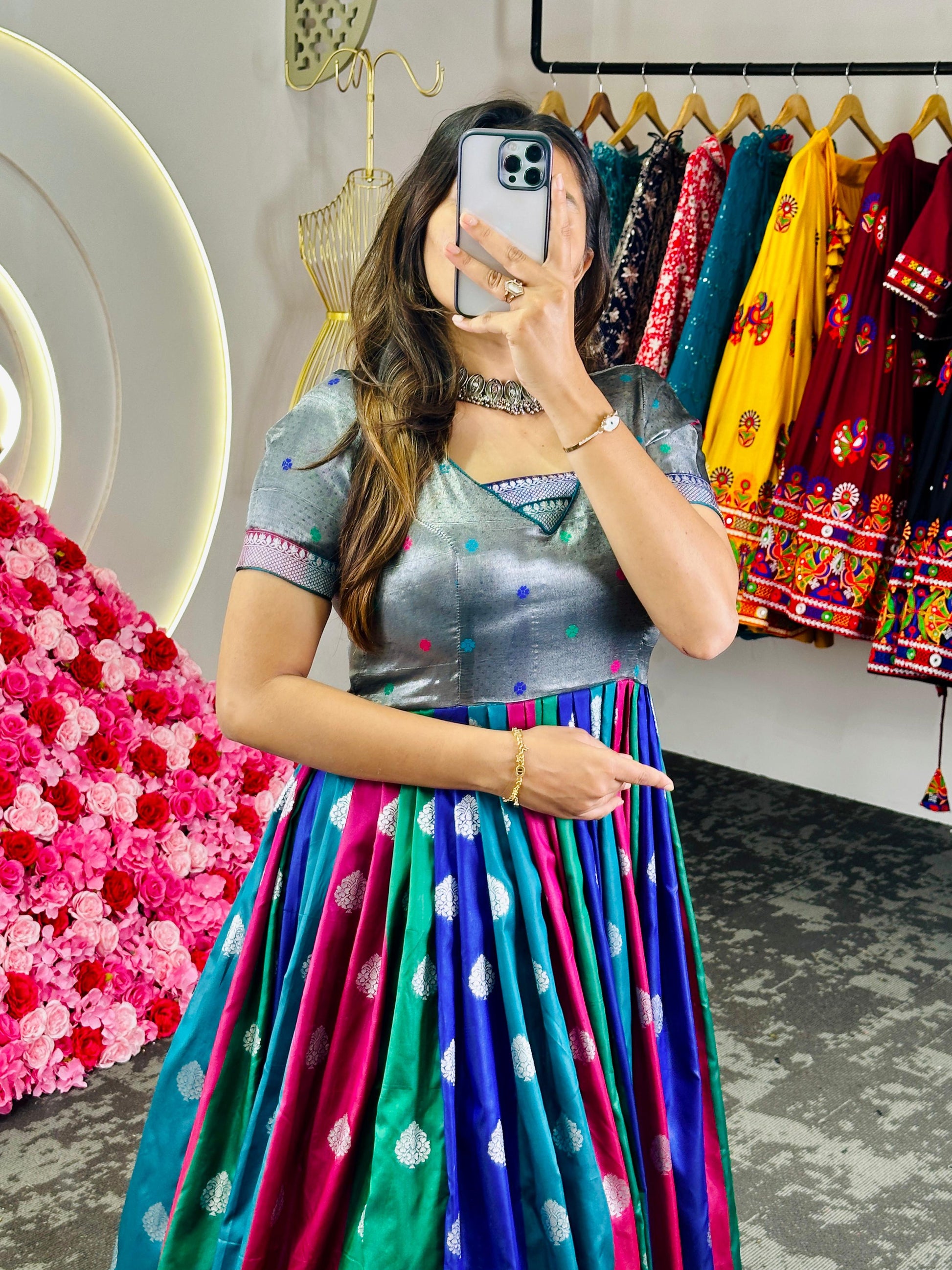 Designer dola silk stylish gown dress for onam festival