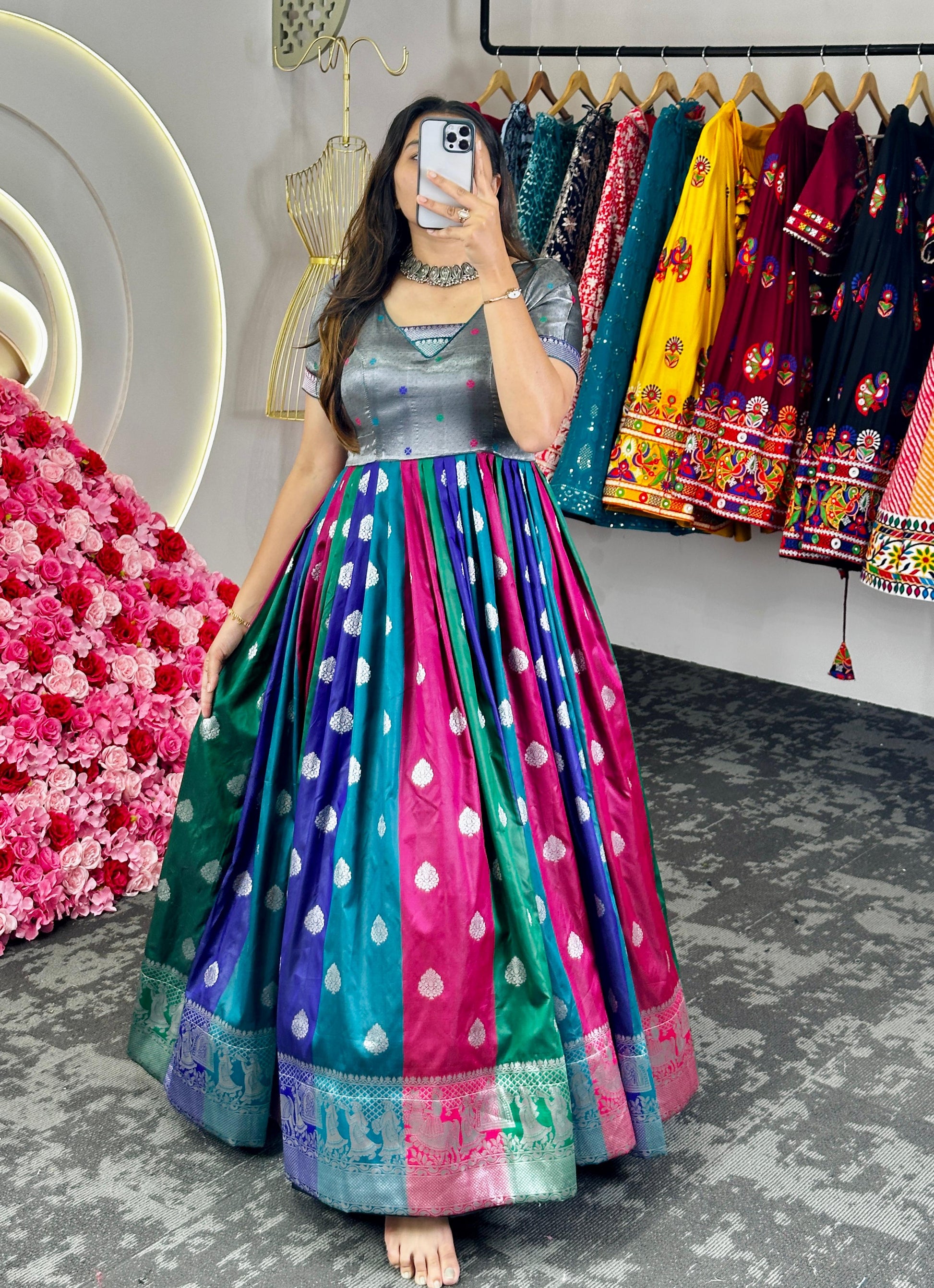 Designer dola silk stylish gown dress for onam festival