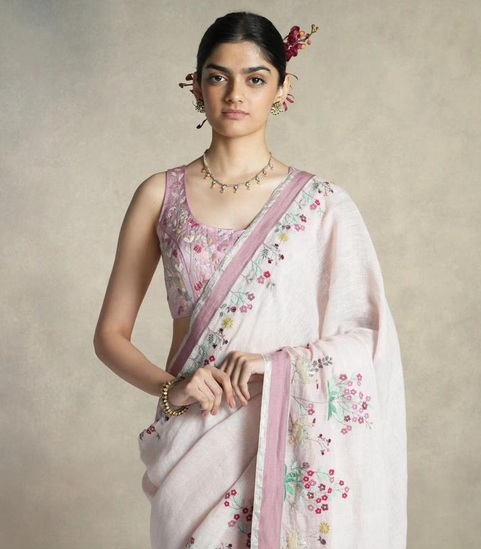 Dusty rose linen cotton designer printed saree