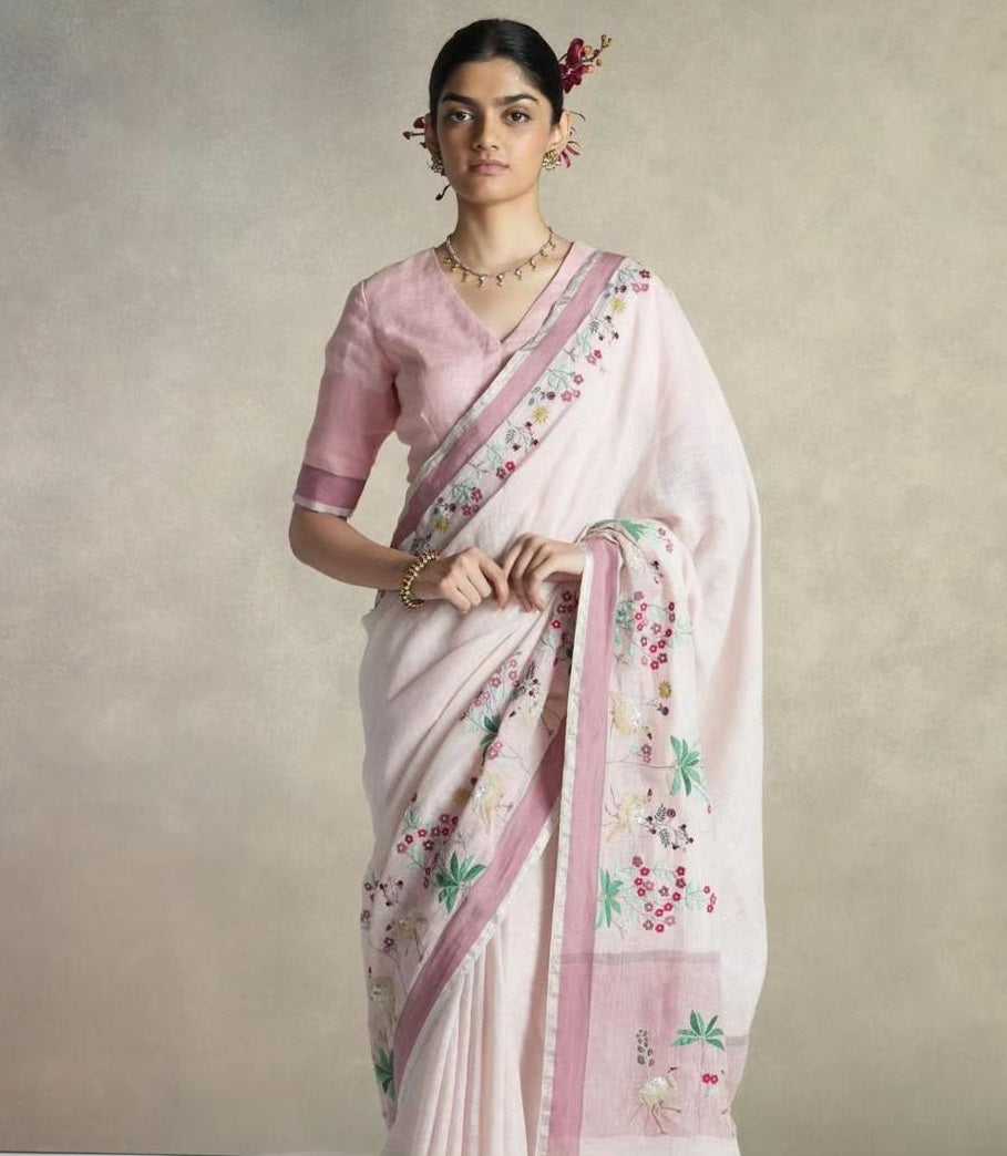 Dusty rose linen cotton designer printed saree