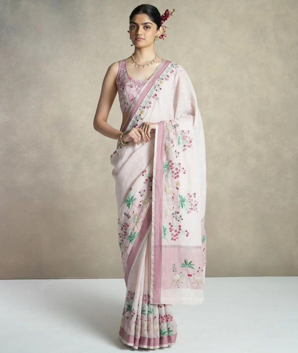 Dusty rose linen cotton designer printed saree