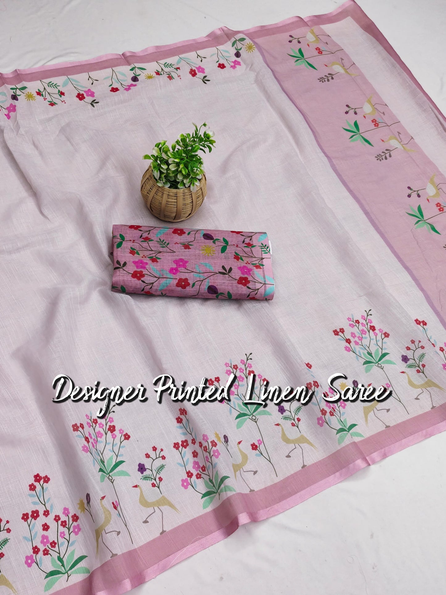 Dusty rose linen cotton designer printed saree
