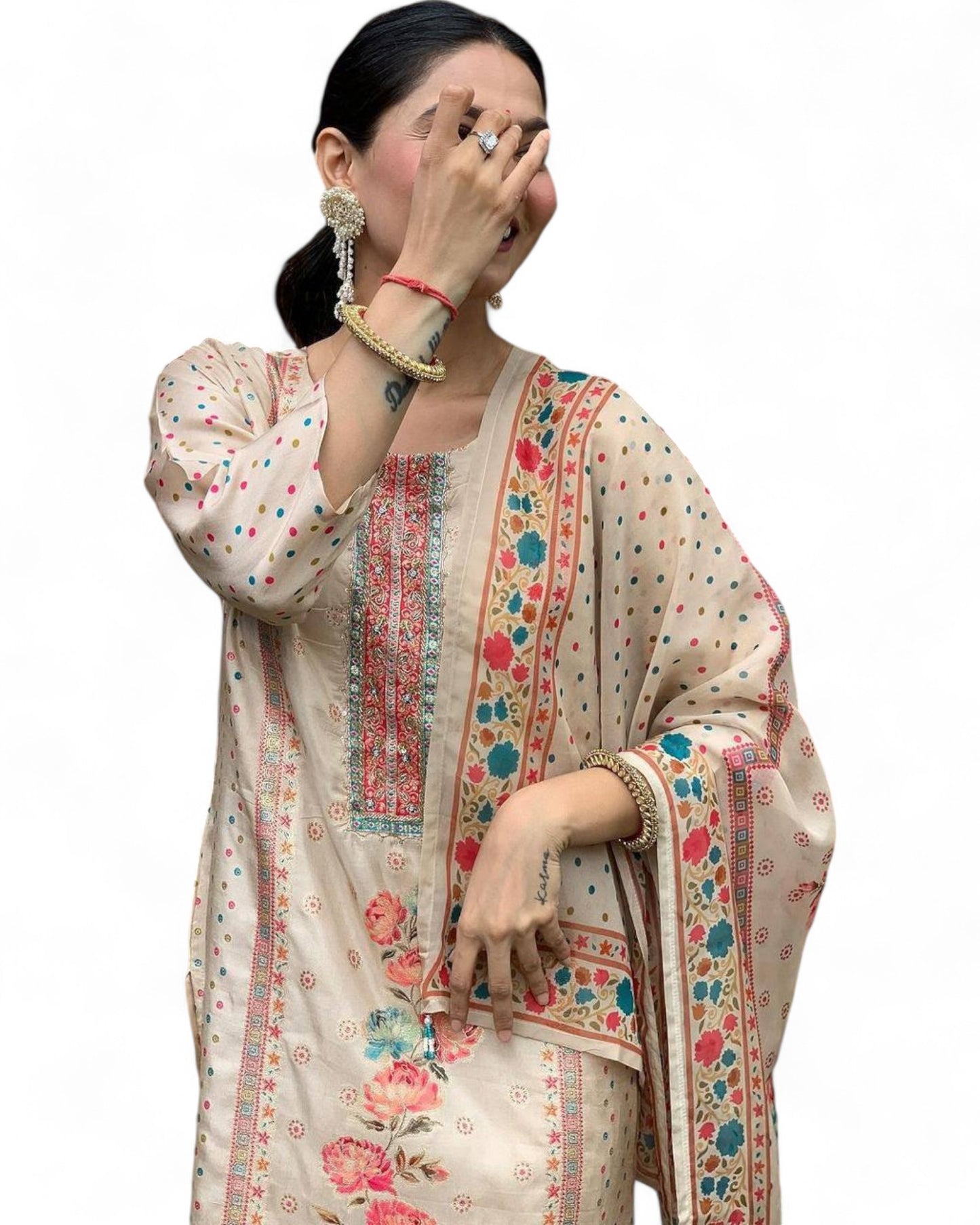 Elegant Multi-Print Satin Kurti Set with Heavy Stone Work