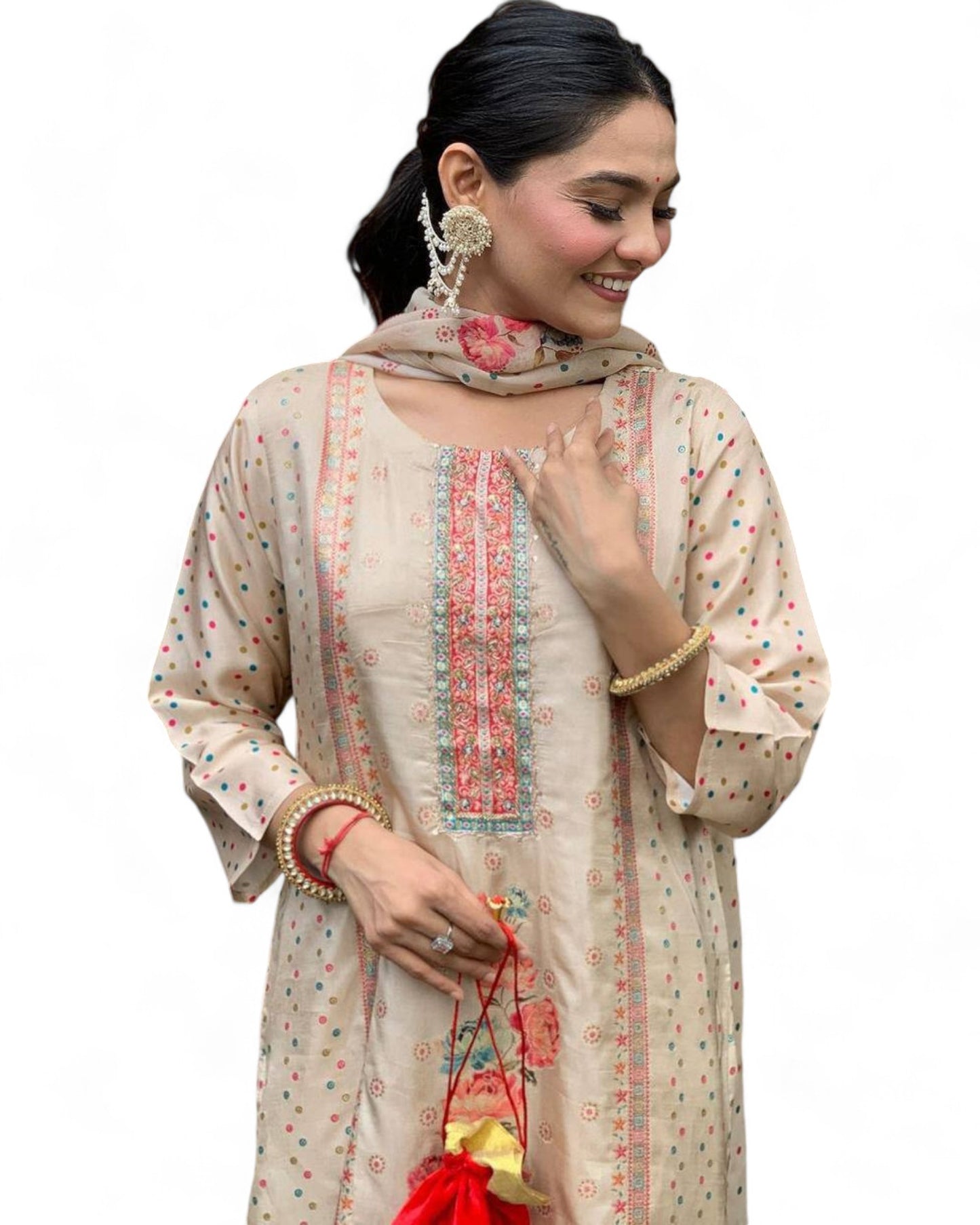 Elegant Multi-Print Satin Kurti Set with Heavy Stone Work