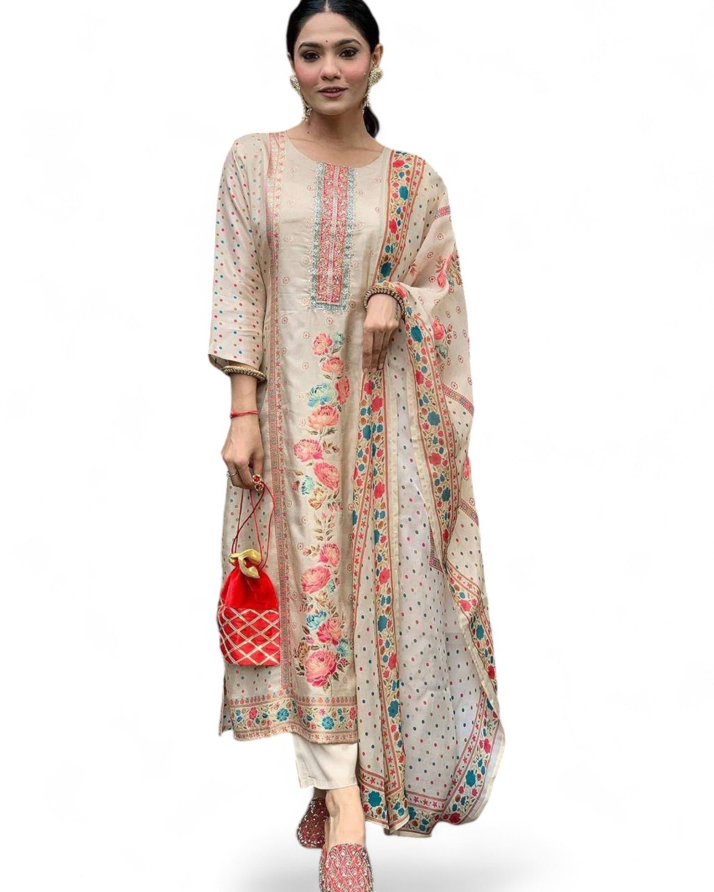 Elegant Multi-Print Satin Kurti Set with Heavy Stone Work