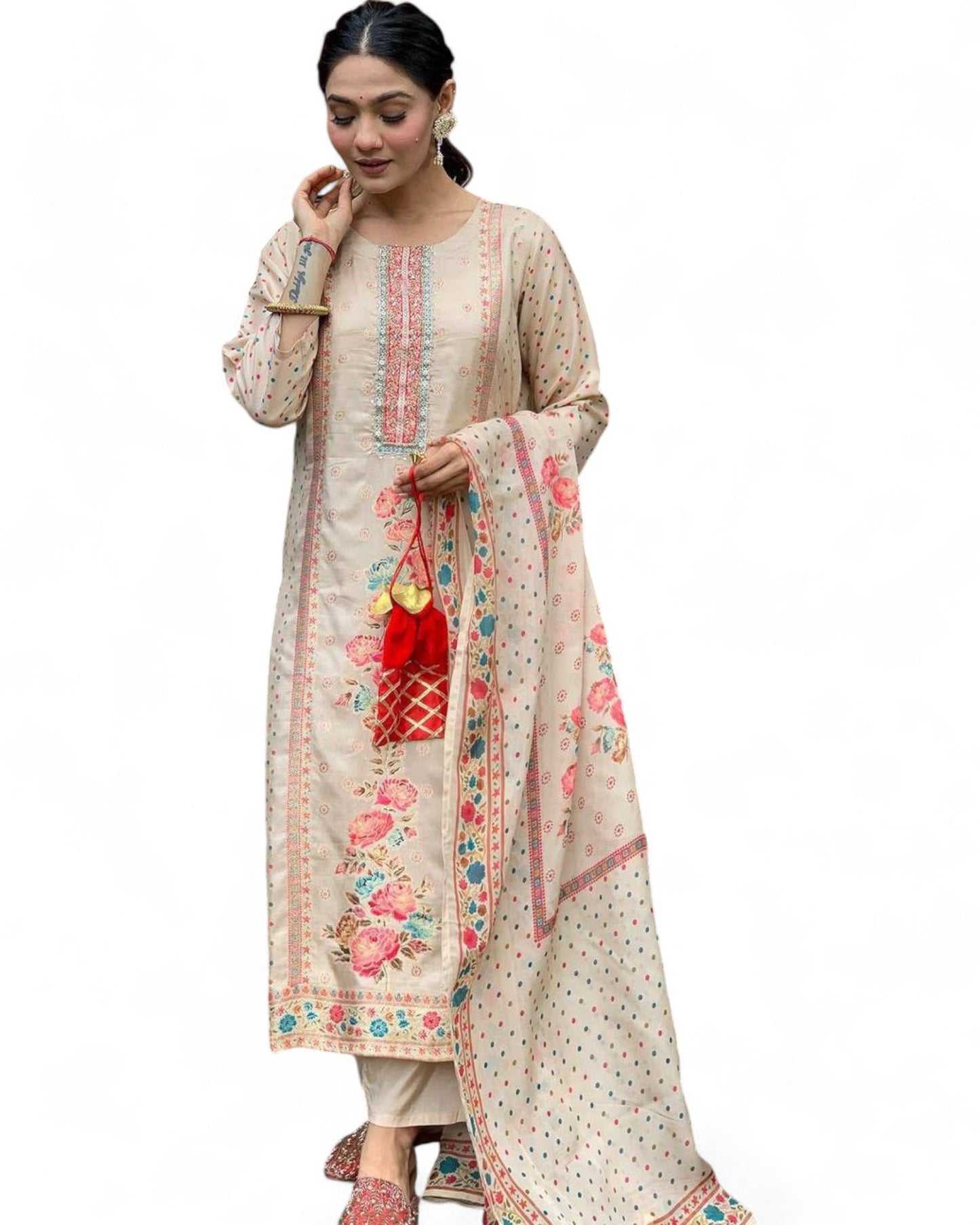Elegant Multi-Print Satin Kurti Set with Heavy Stone Work