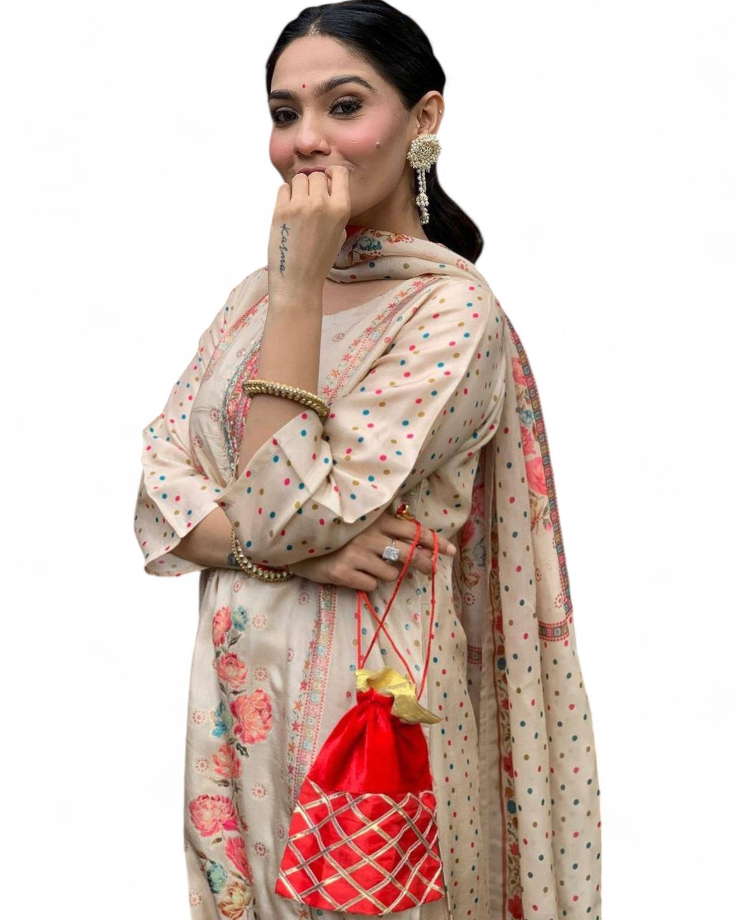 Elegant Multi-Print Satin Kurti Set with Heavy Stone Work