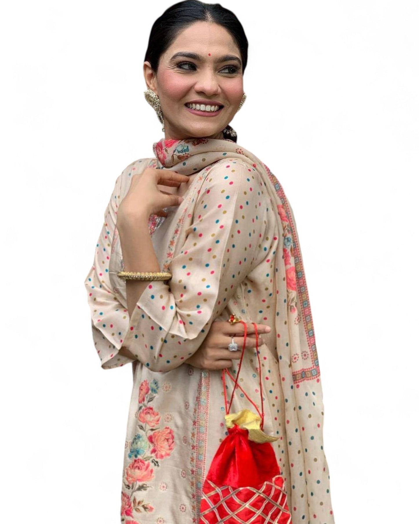 Elegant Multi-Print Satin Kurti Set with Heavy Stone Work