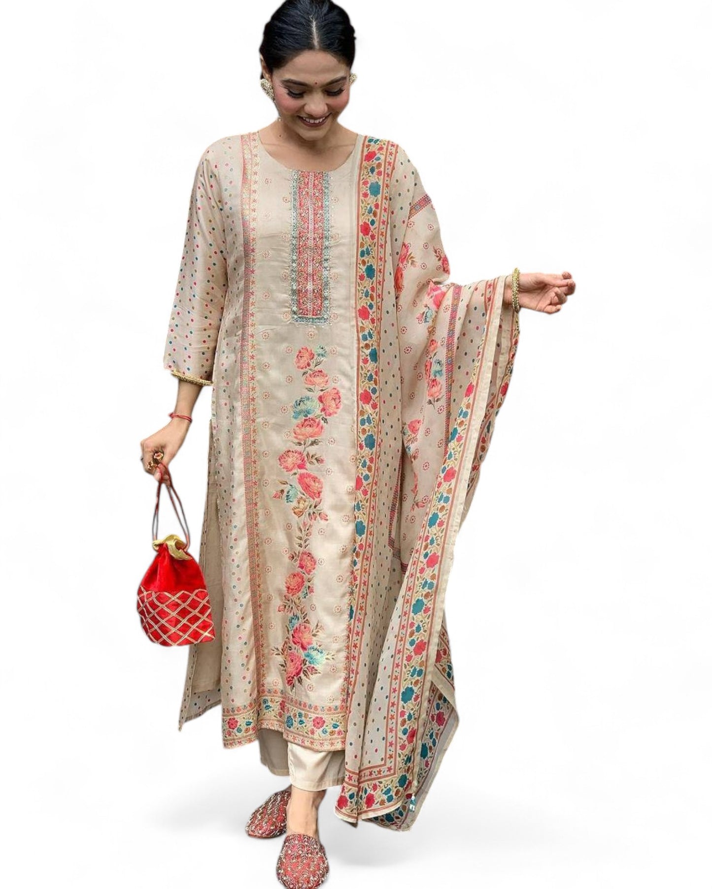 Elegant Multi-Print Satin Kurti Set with Heavy Stone Work