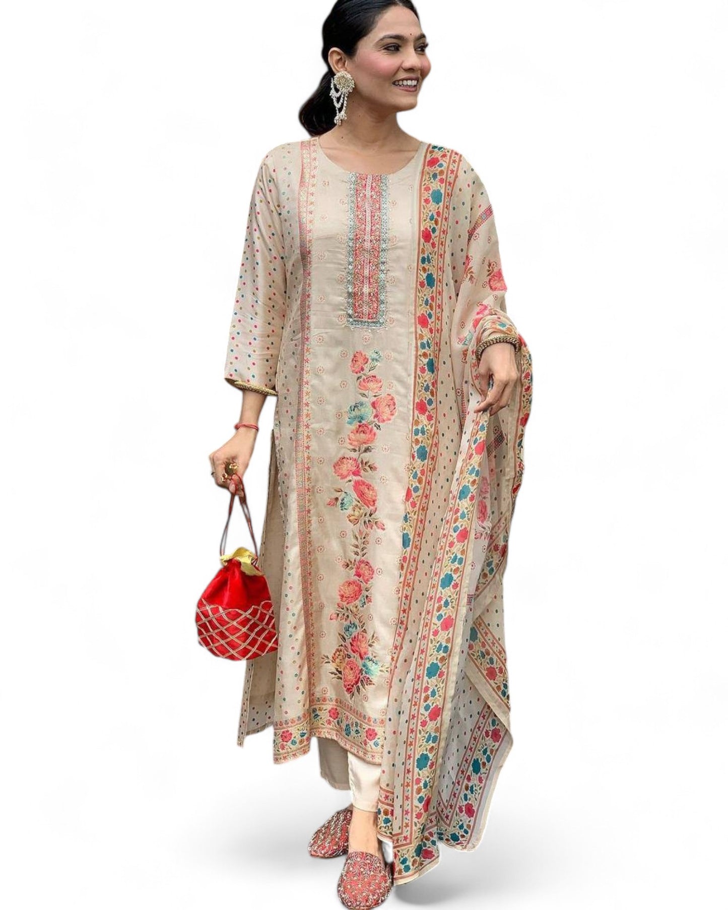 Elegant Multi-Print Satin Kurti Set with Heavy Stone Work