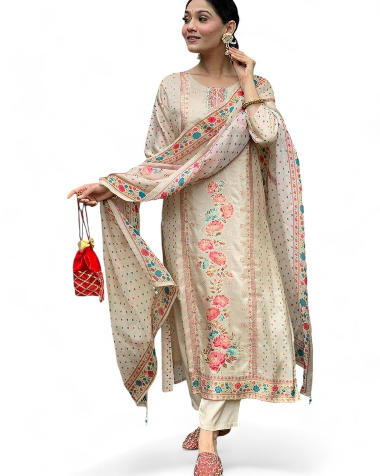 Elegant Multi-Print Satin Kurti Set with Heavy Stone Work