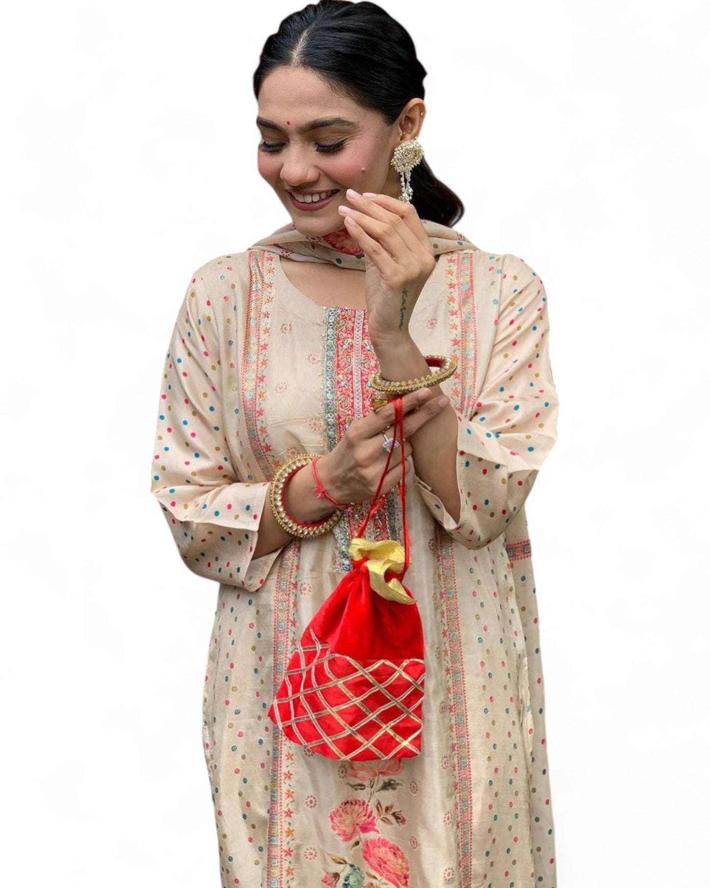 Elegant Multi-Print Satin Kurti Set with Heavy Stone Work