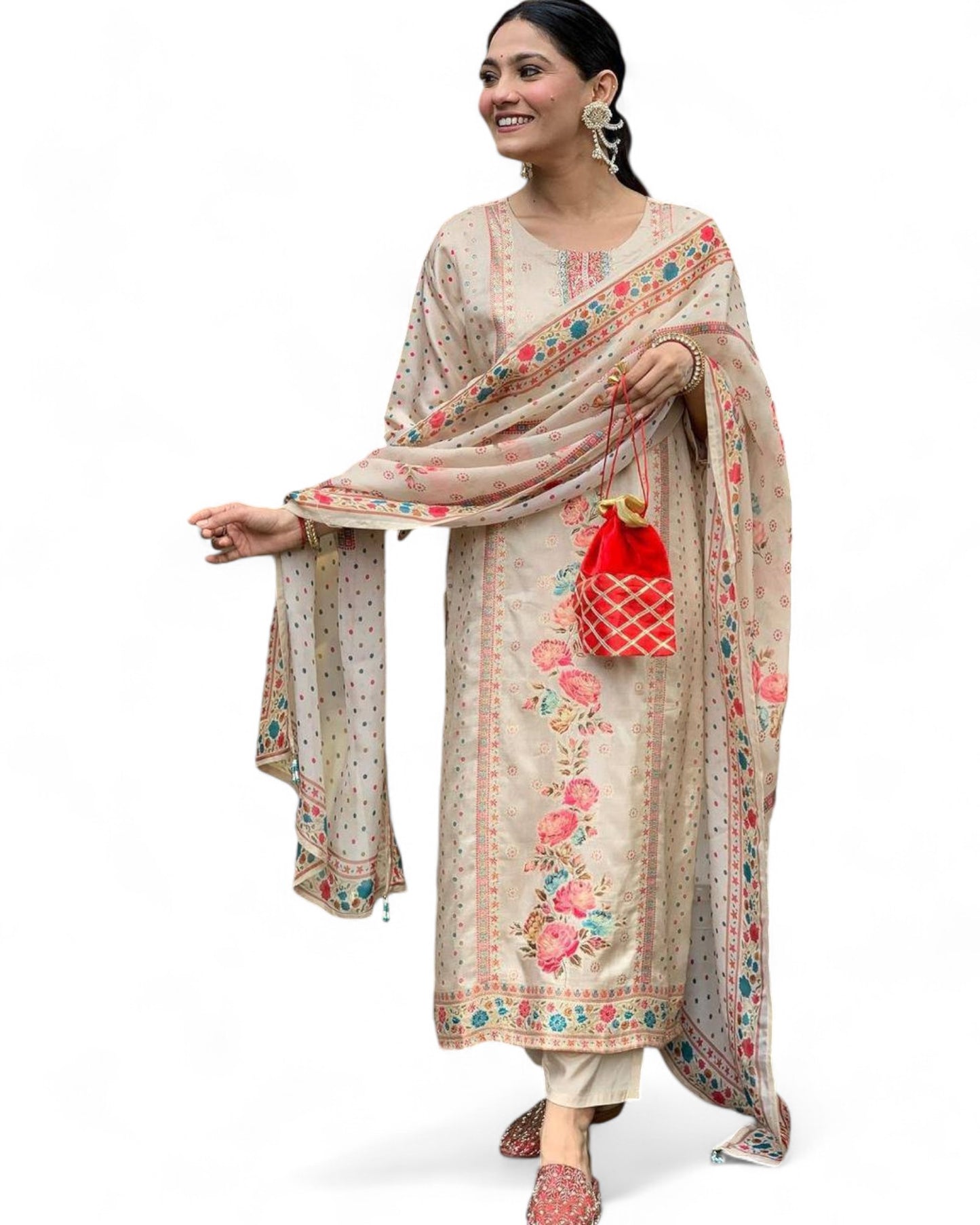 Elegant Multi-Print Satin Kurti Set with Heavy Stone Work