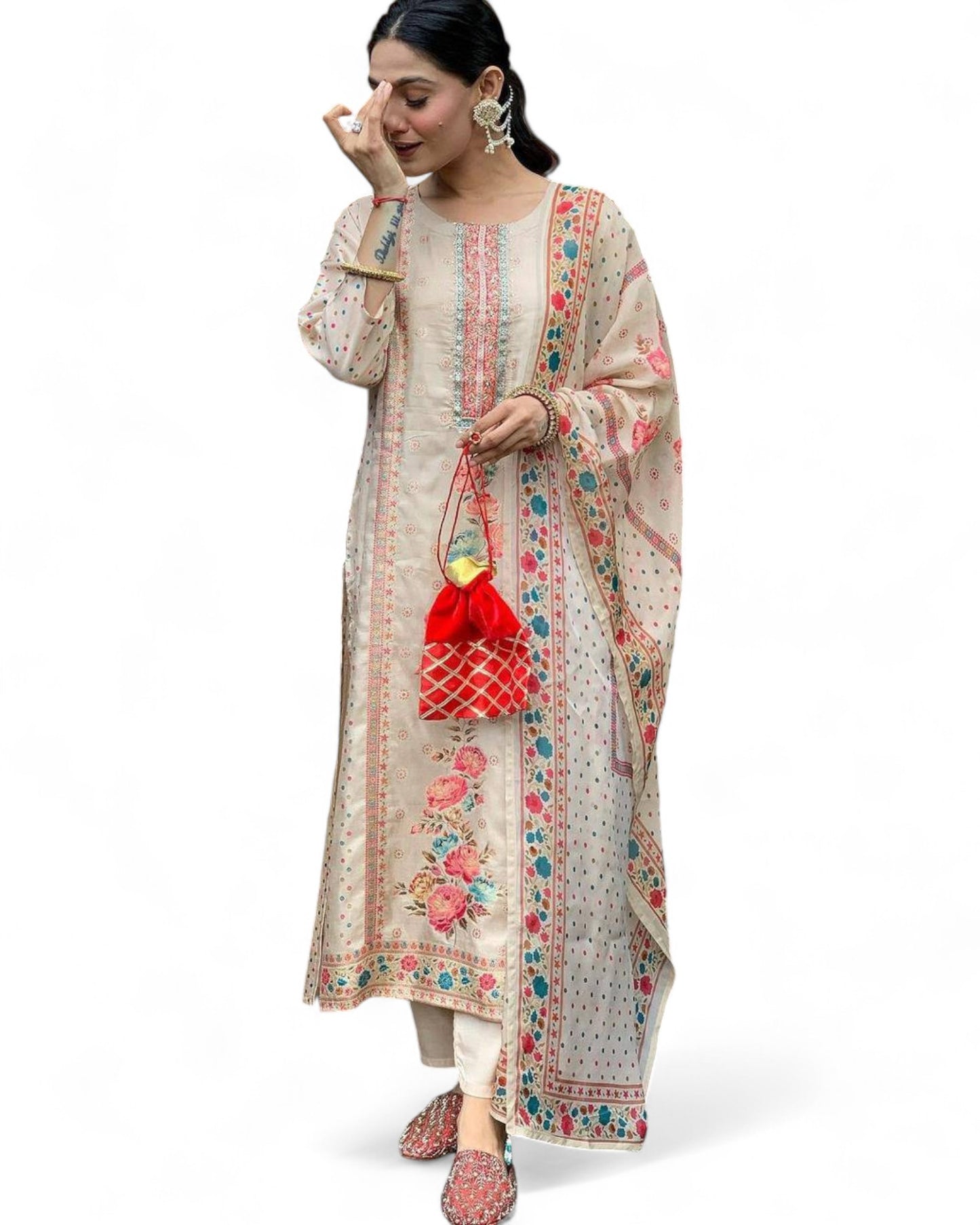 Elegant Multi-Print Satin Kurti Set with Heavy Stone Work