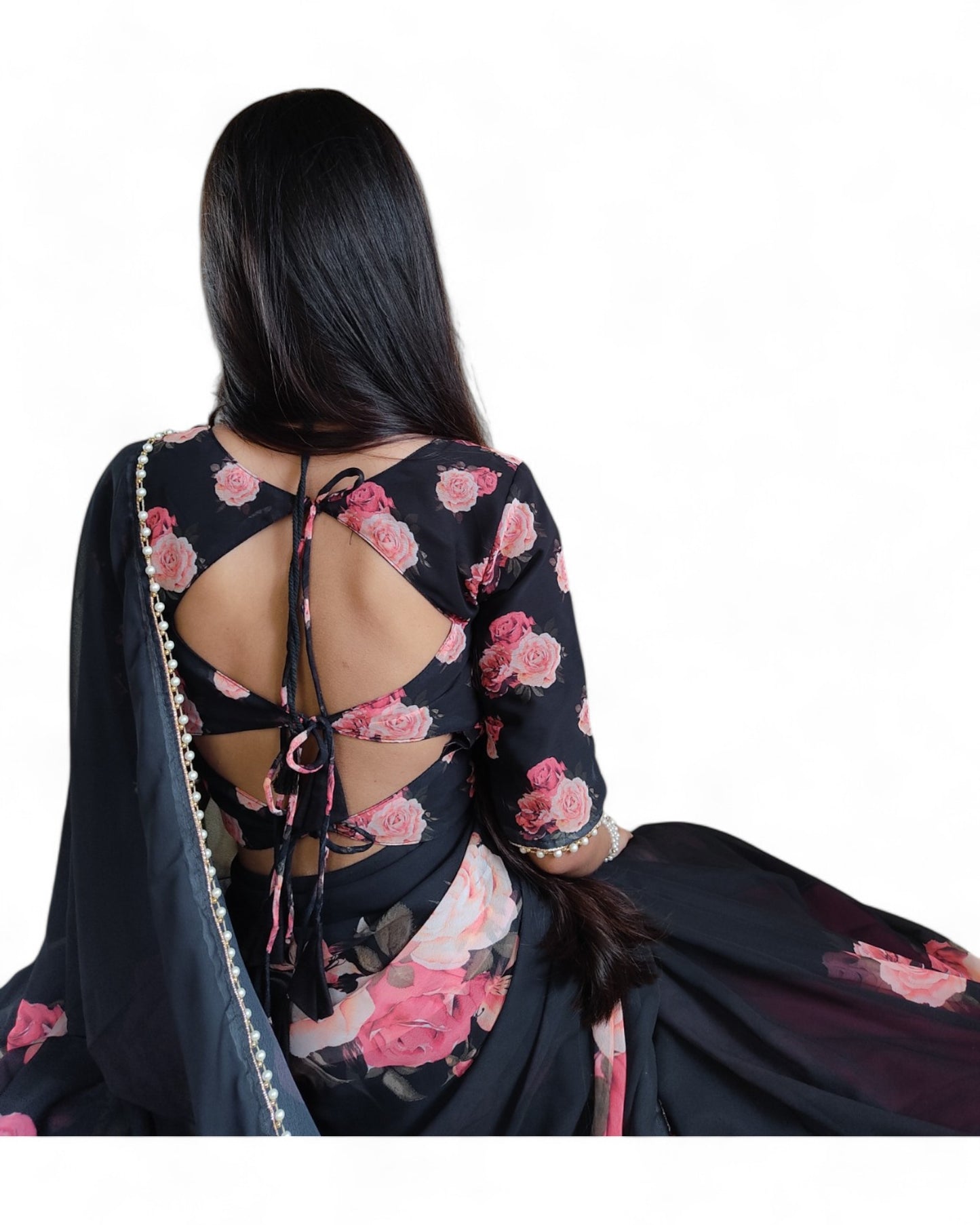 Georgette Floral Printed Pearl Lace Designer Saree
