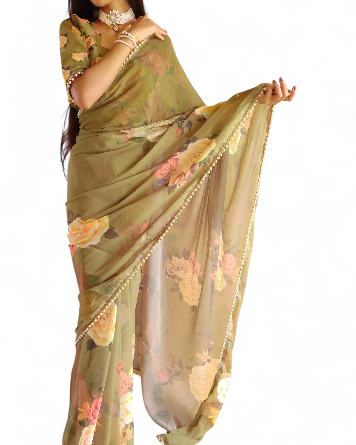 Georgette Floral Printed Pearl Lace Designer Saree