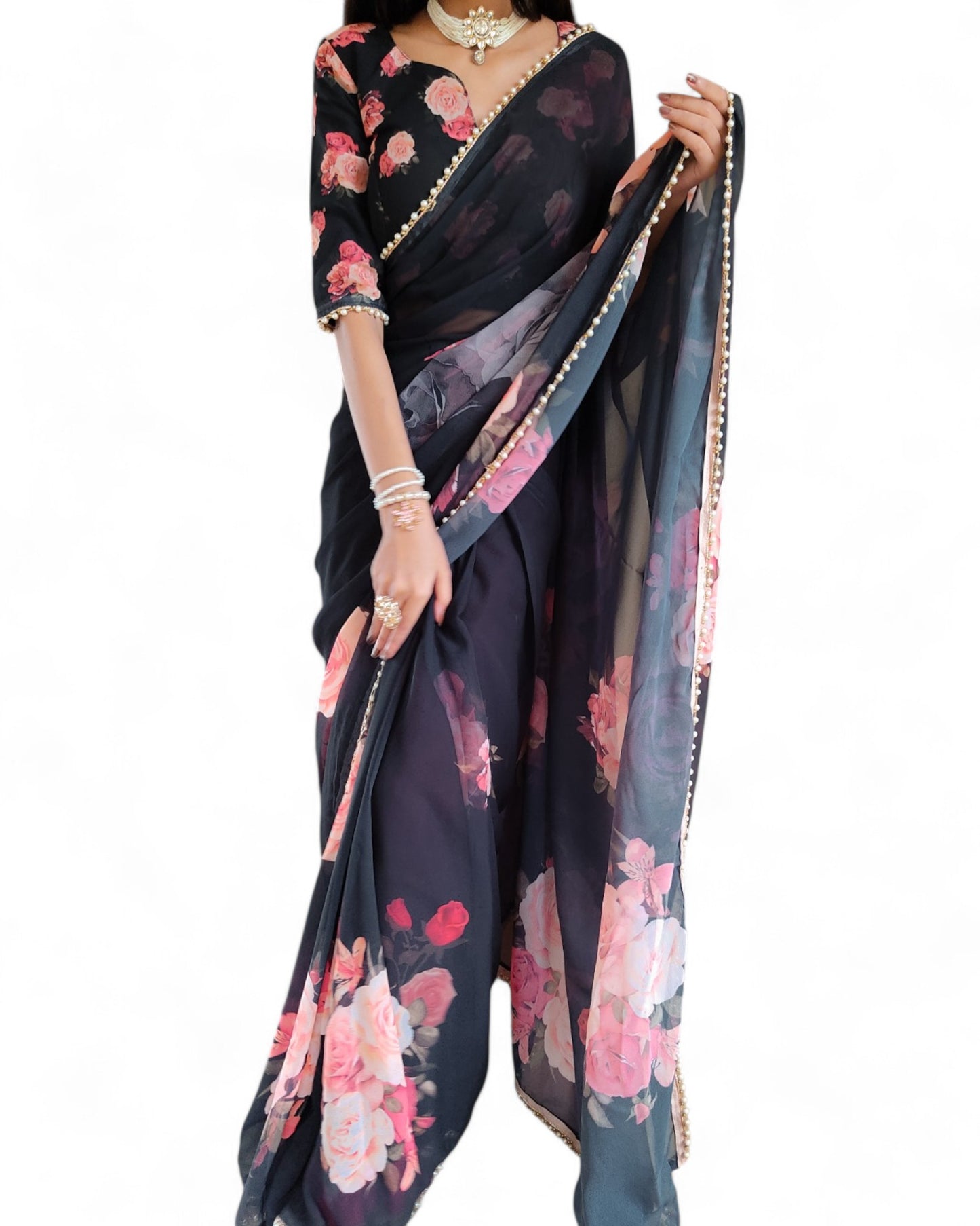 Georgette Floral Printed Pearl Lace Designer Saree