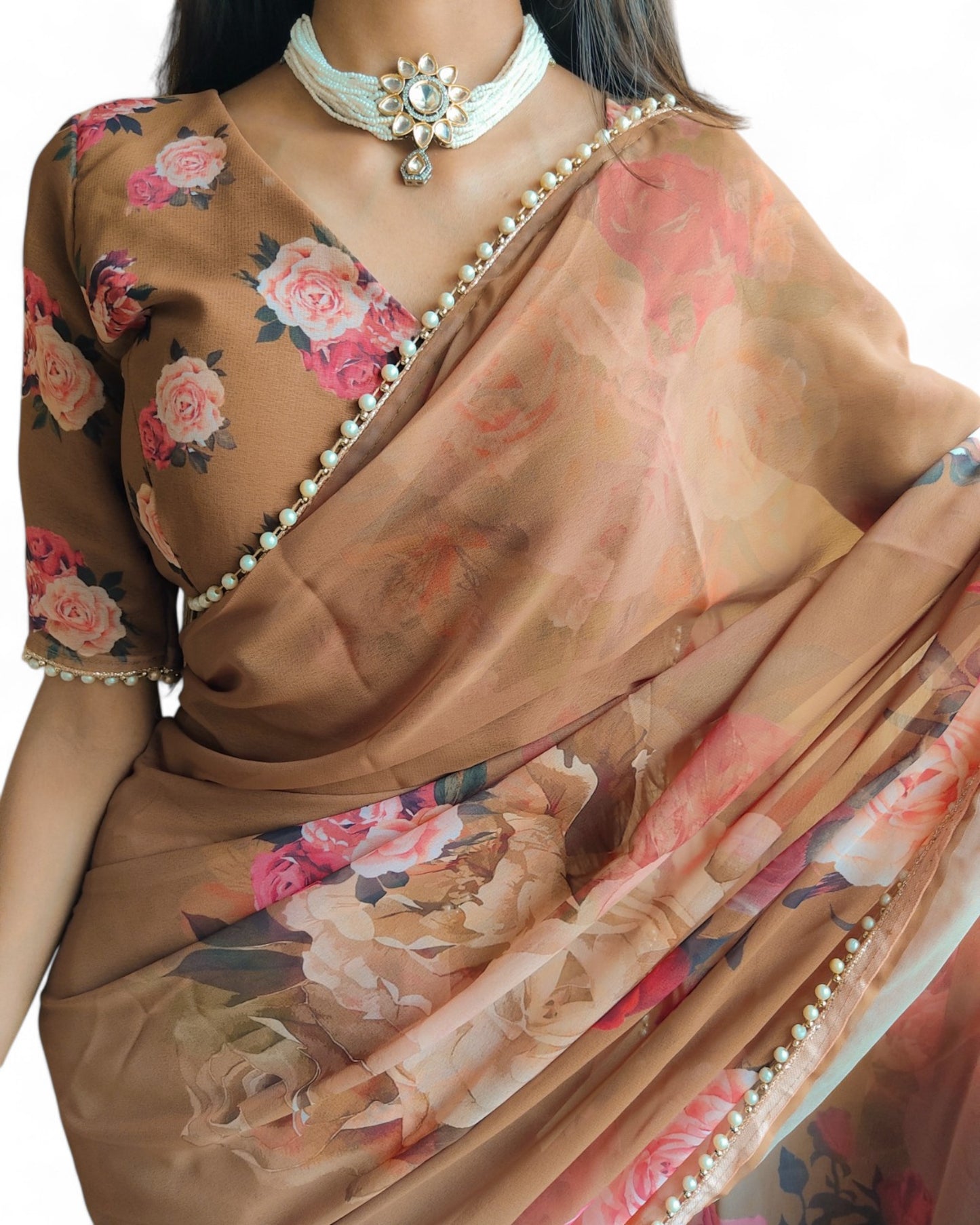 Georgette Floral Printed Pearl Lace Designer Saree Beige Free Size