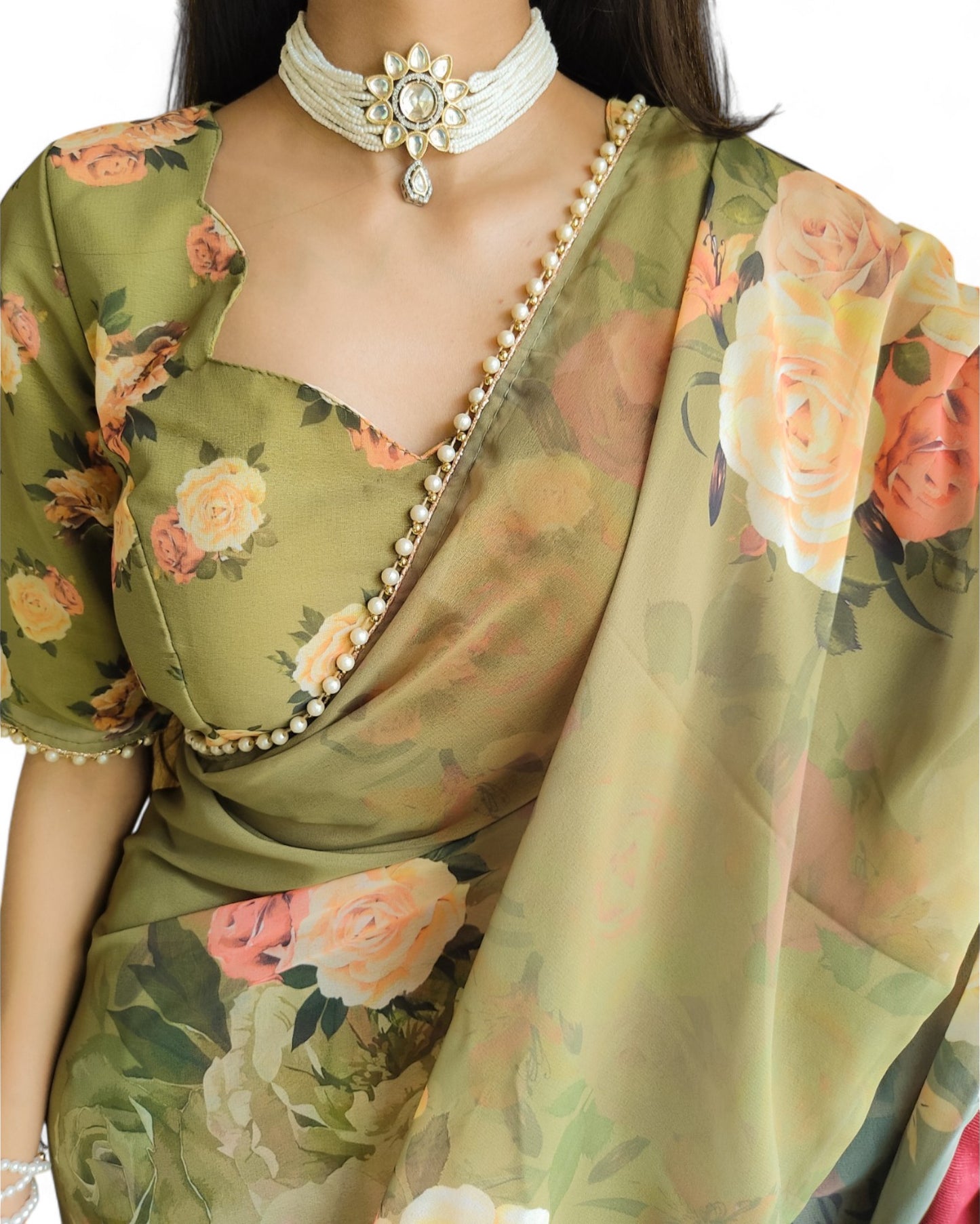 Georgette Floral Printed Pearl Lace Designer Saree Green Free Size