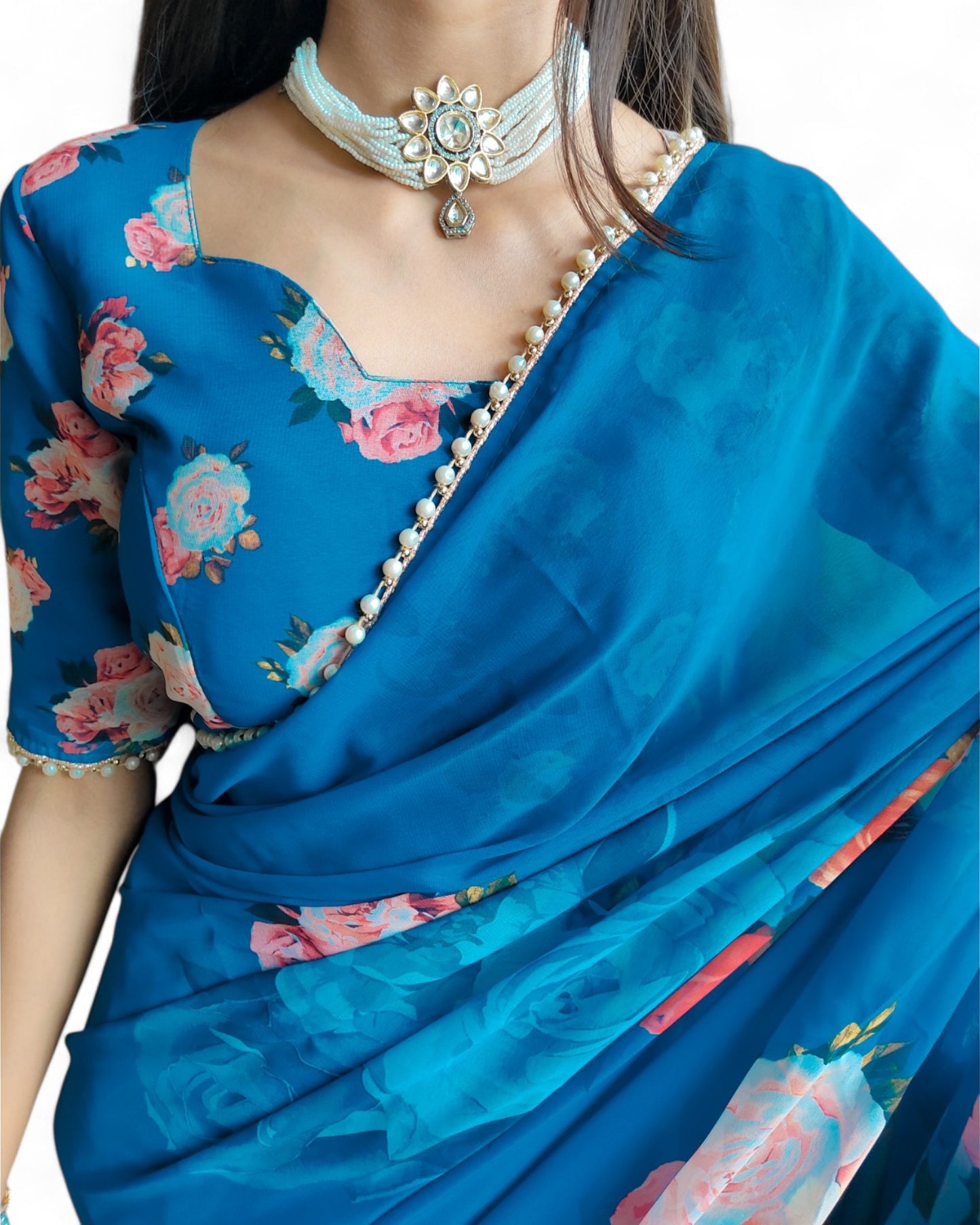 Georgette Floral Printed Pearl Lace Designer Saree Rama Free Size