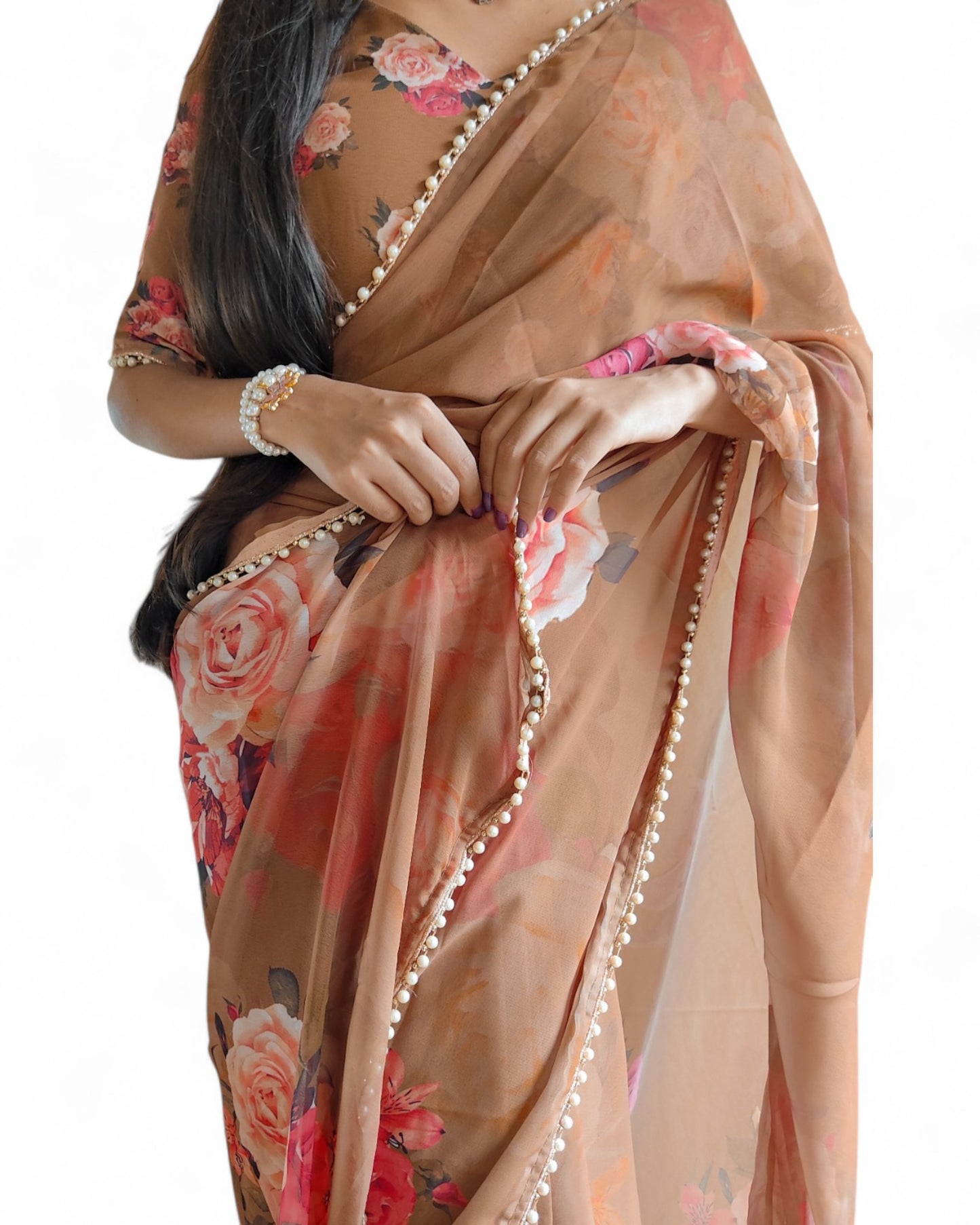 Georgette Floral Printed Pearl Lace Designer Saree