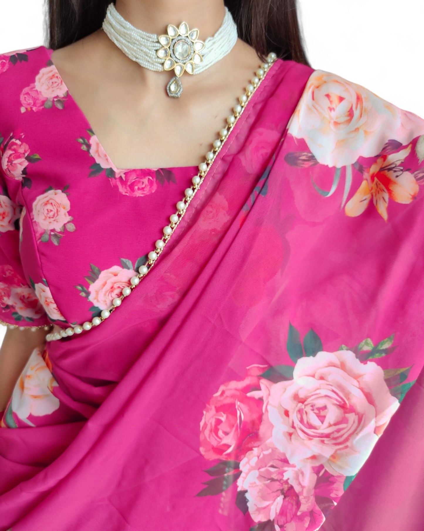 Georgette Floral Printed Pearl Lace Designer Saree Pink Free Size