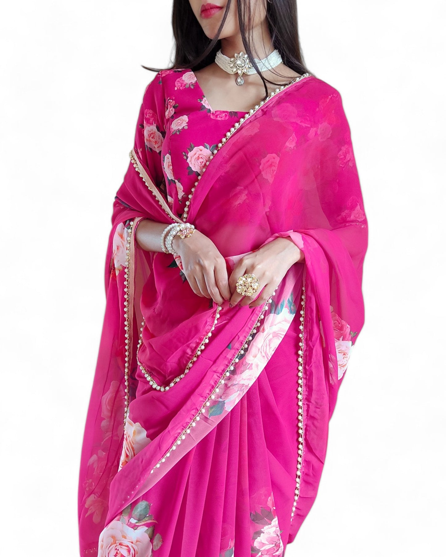 Georgette Floral Printed Pearl Lace Designer Saree