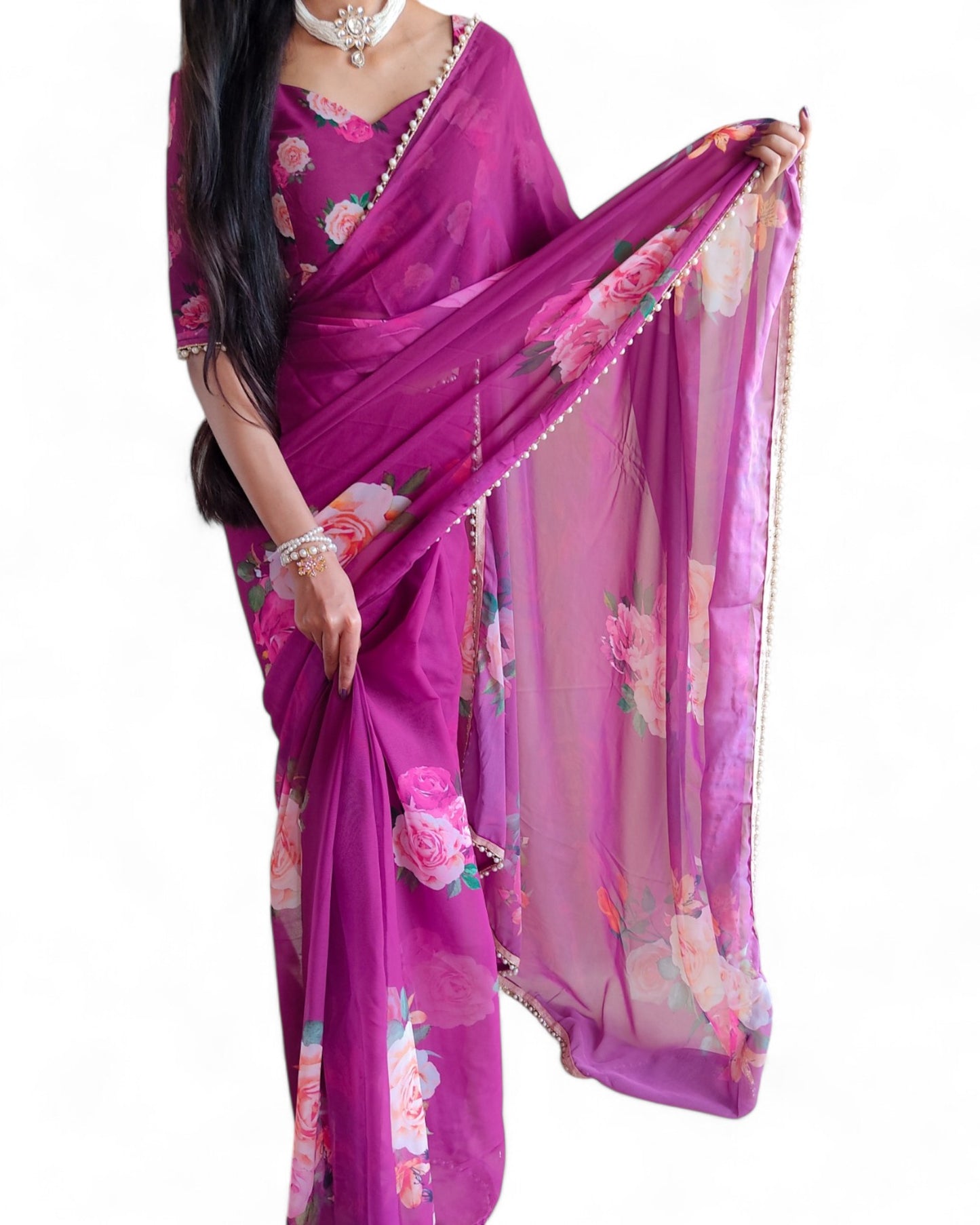 Georgette Floral Printed Pearl Lace Designer Saree