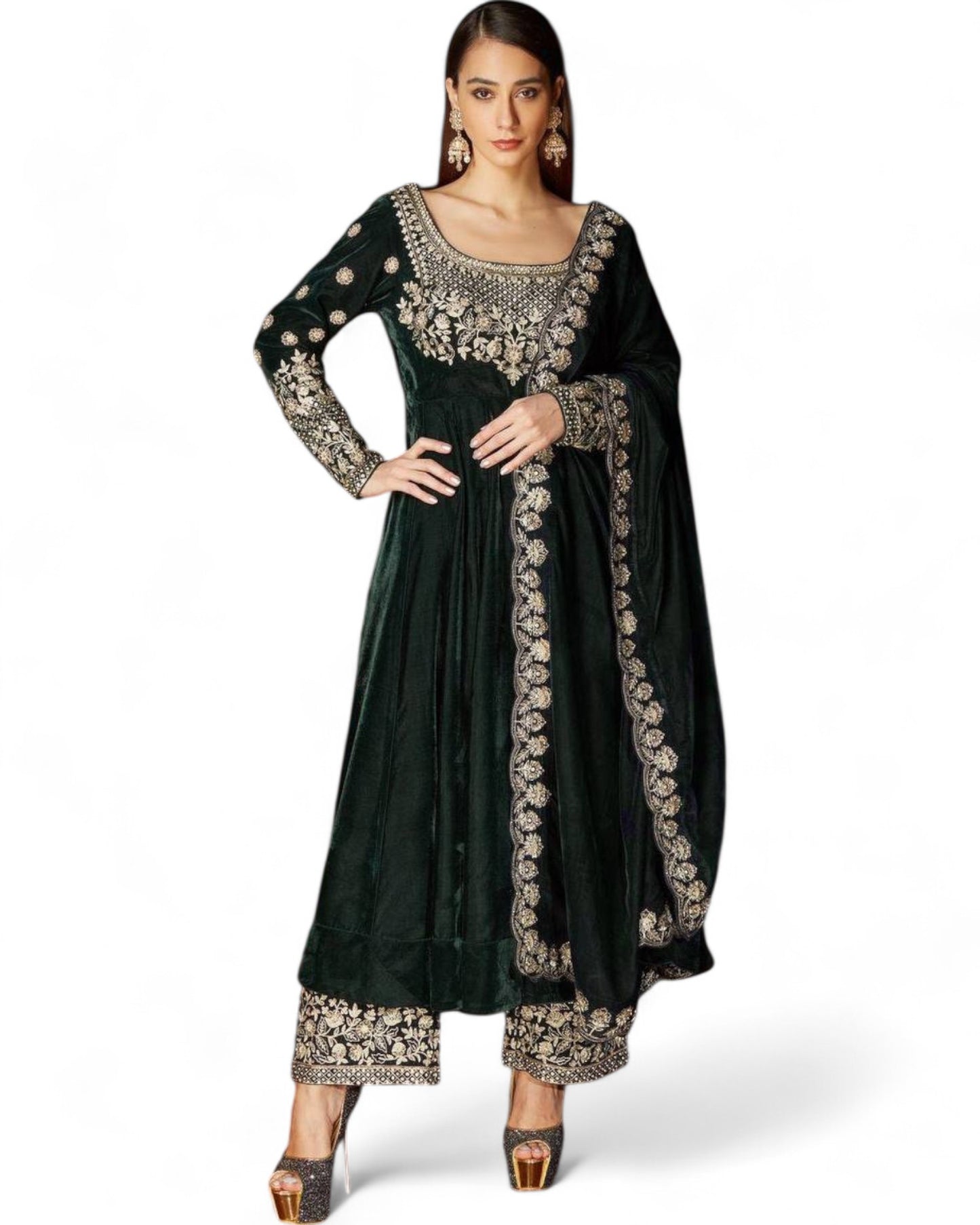 Green Heavy Velvet Embroidered Wedding Anarkali Palazzo Suit