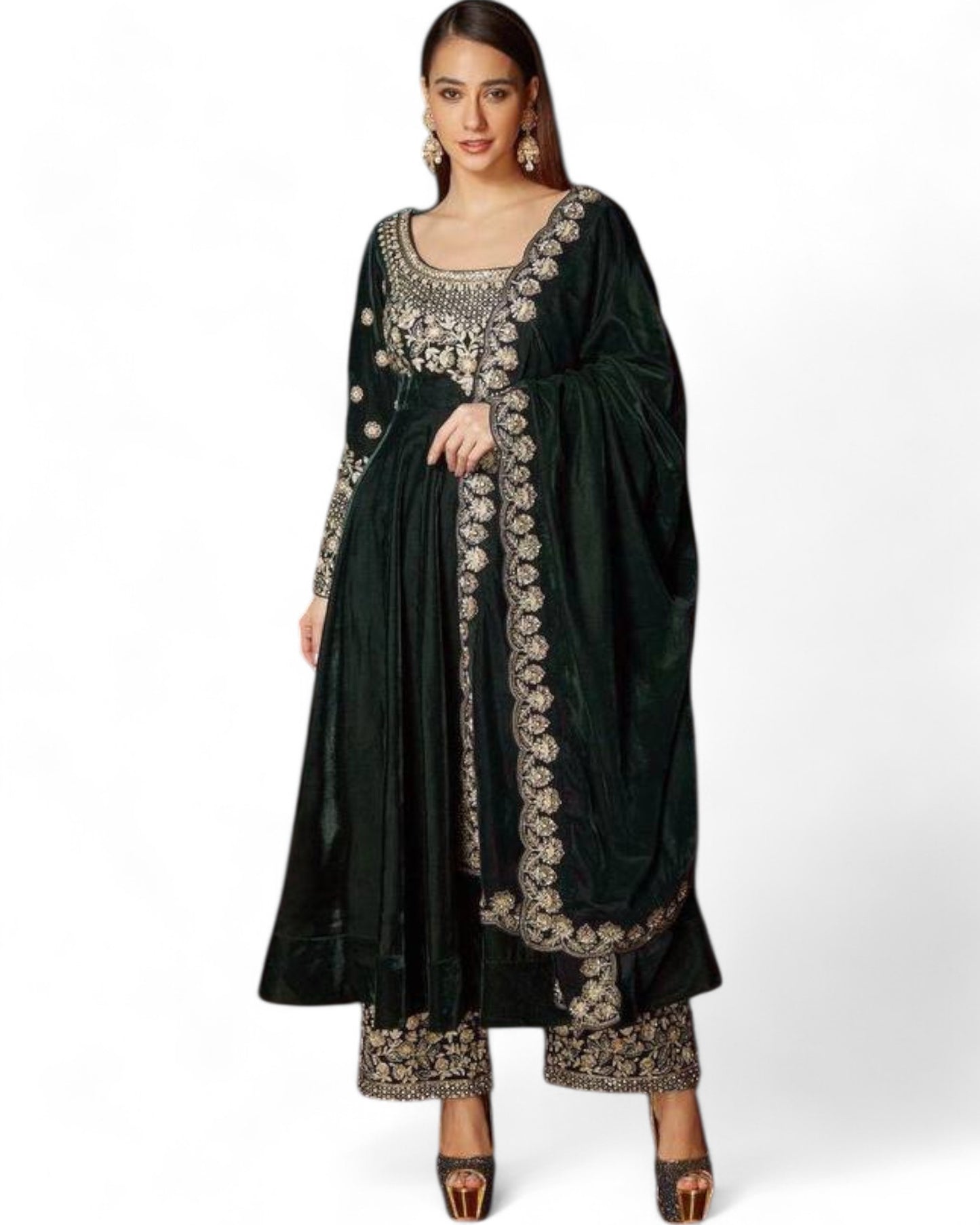 Green Heavy Velvet Embroidered Wedding Anarkali Palazzo Suit