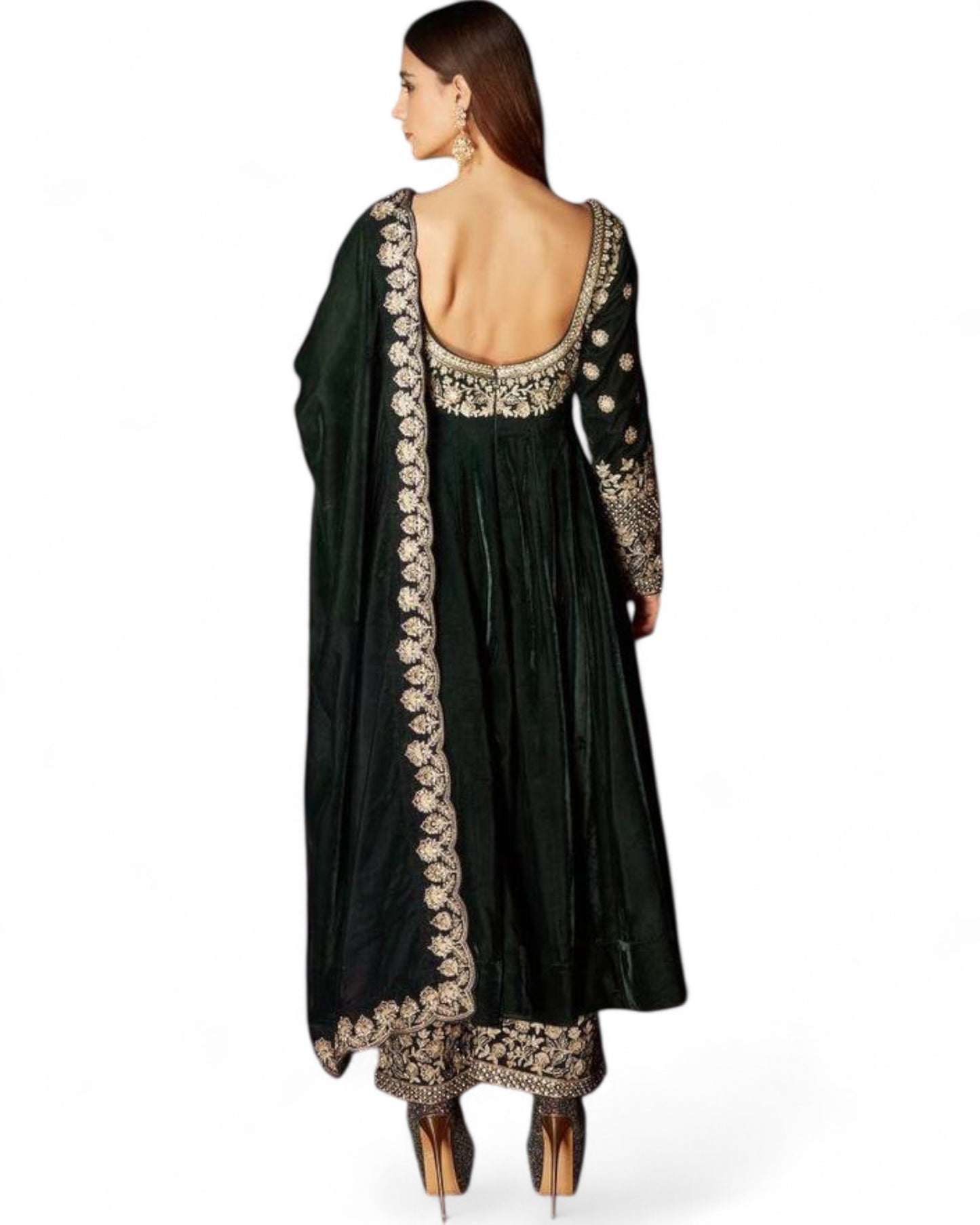 Green Heavy Velvet Embroidered Wedding Anarkali Palazzo Suit