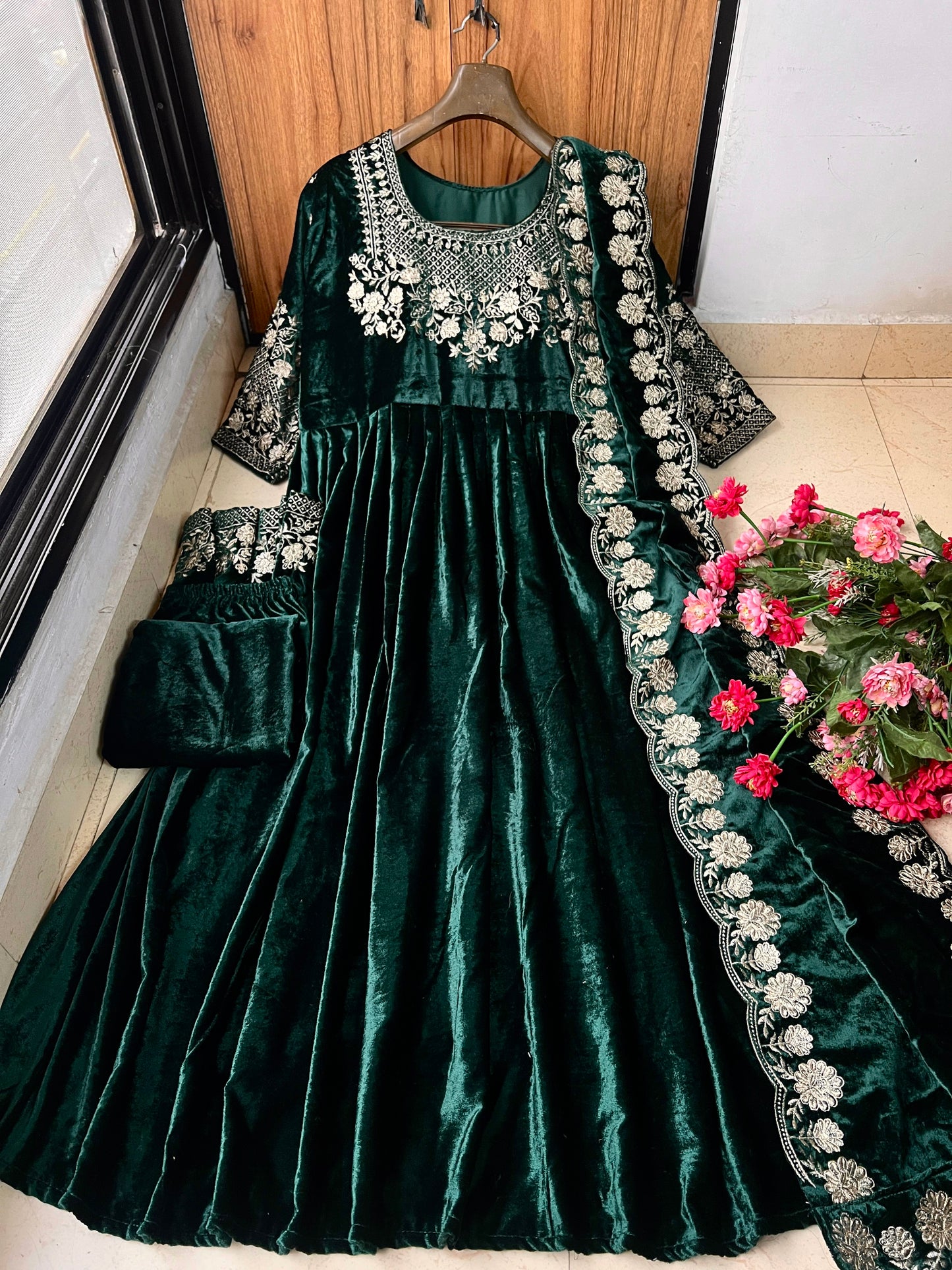 Green Heavy Velvet Embroidered Wedding Anarkali Palazzo Suit
