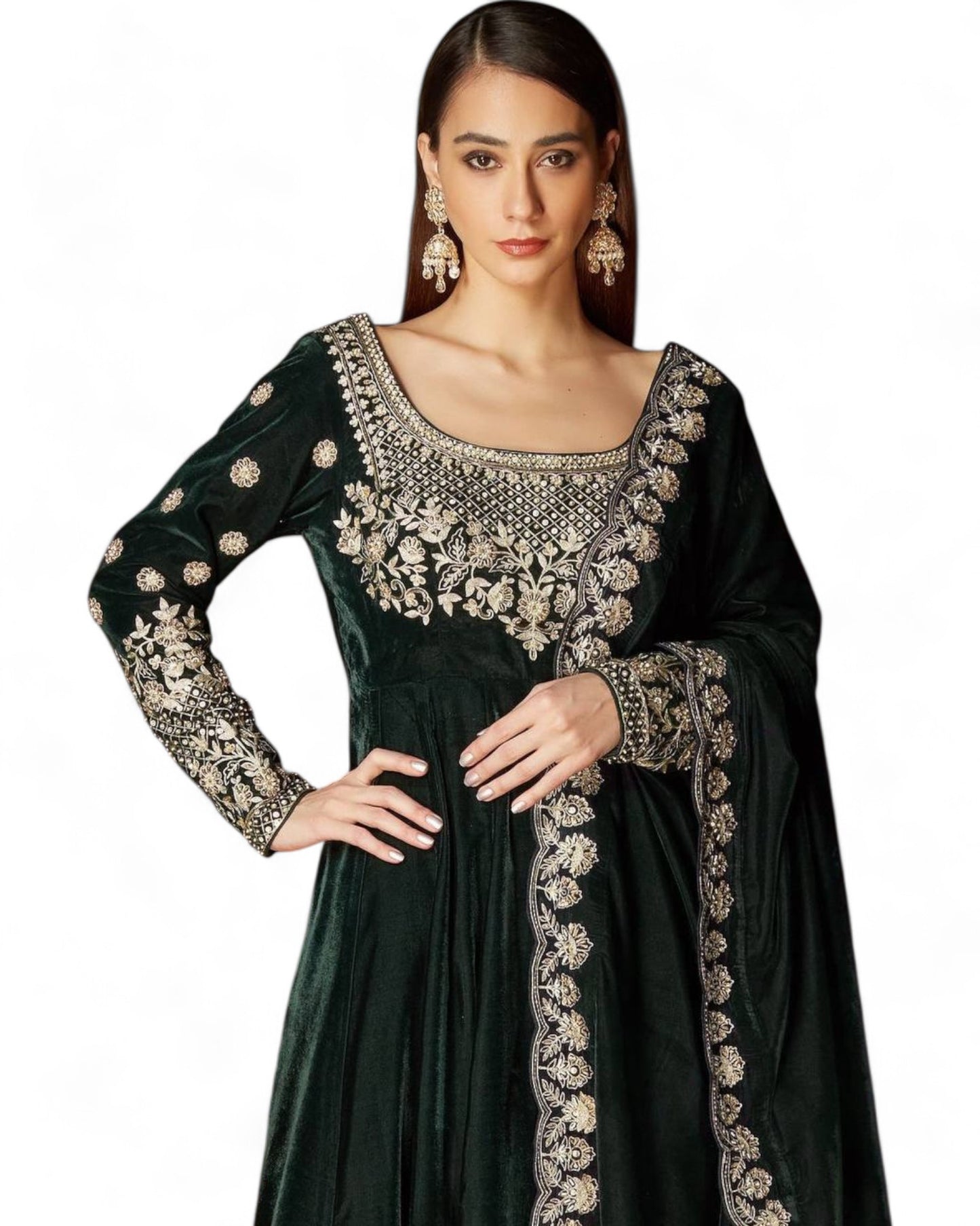 Green Heavy Velvet Embroidered Wedding Anarkali Palazzo Suit