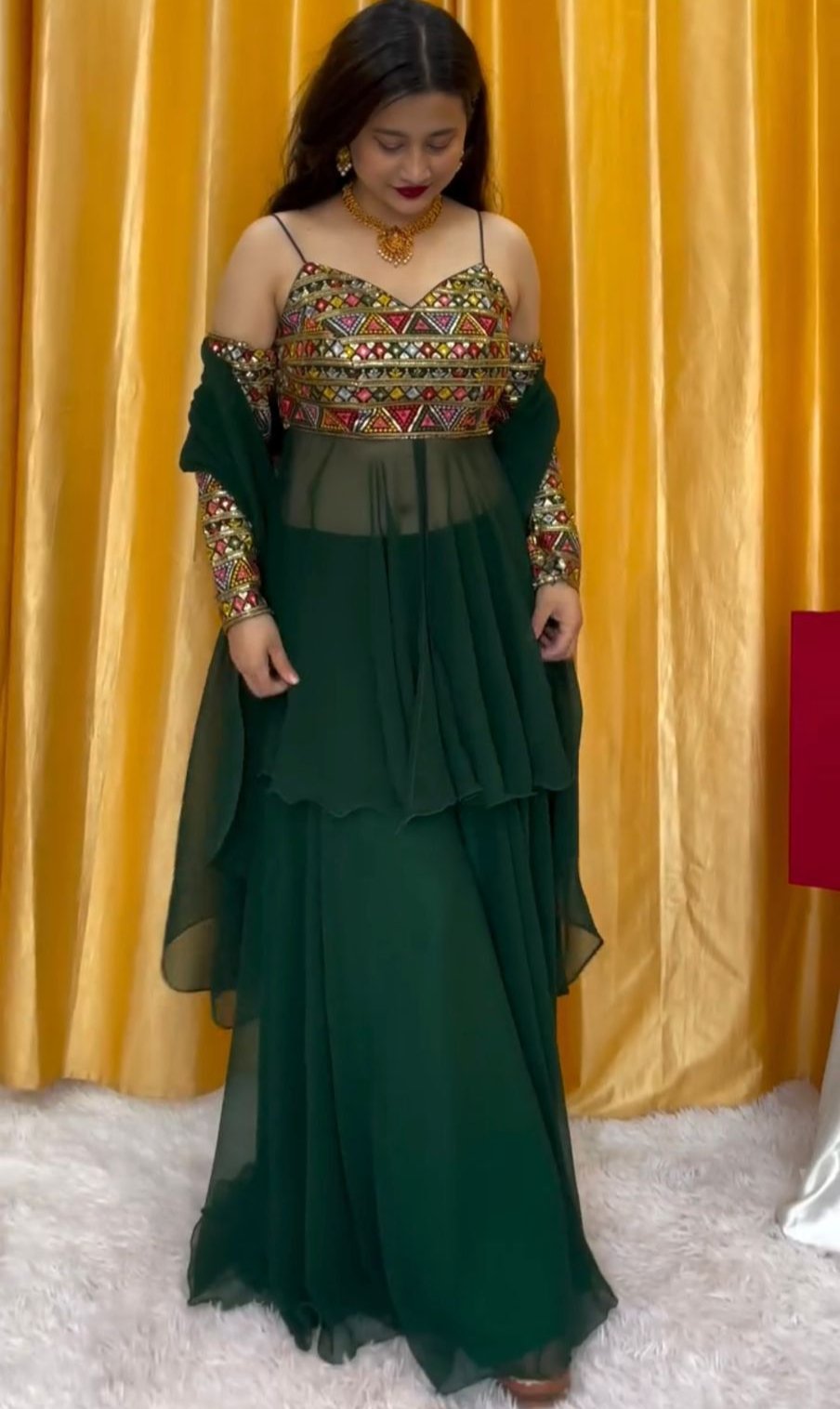 Green georgette designer indowestern palazzo suit