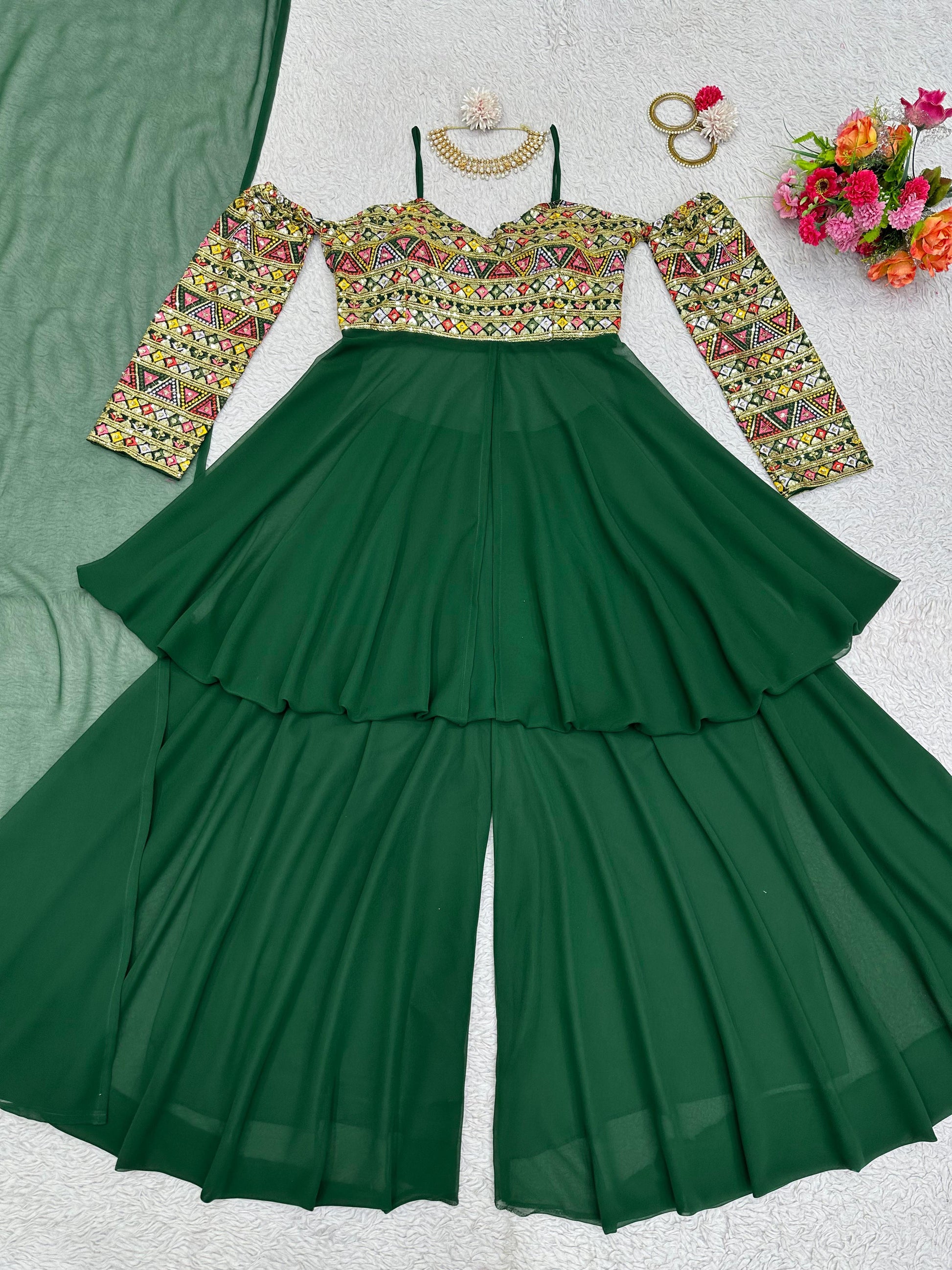 Green georgette designer indowestern palazzo suit