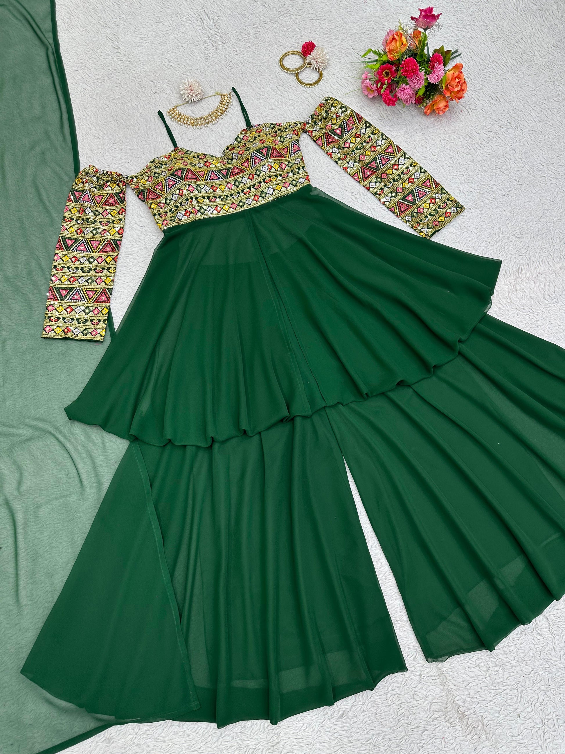 Green georgette designer indowestern palazzo suit